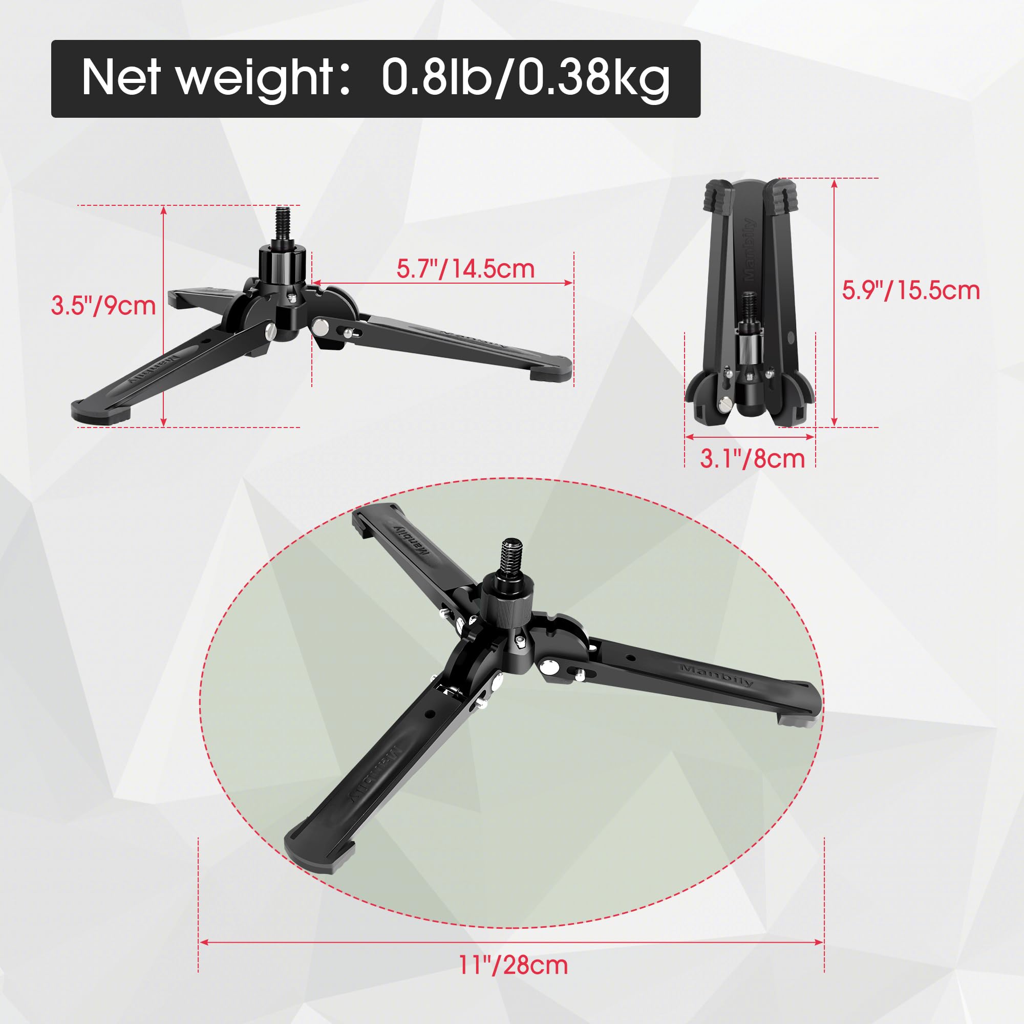 Manbily M-2 Mini-Stativfuß für Einbeinstativ 3/8 Zoll Desktop Stativ Basis DREI Füßen Stehen Unterstützen, Reise für Kugelkopf, Fluid-Kopf, DSLR-Kamera Neigung 20°, 360° drehen, Schwarz