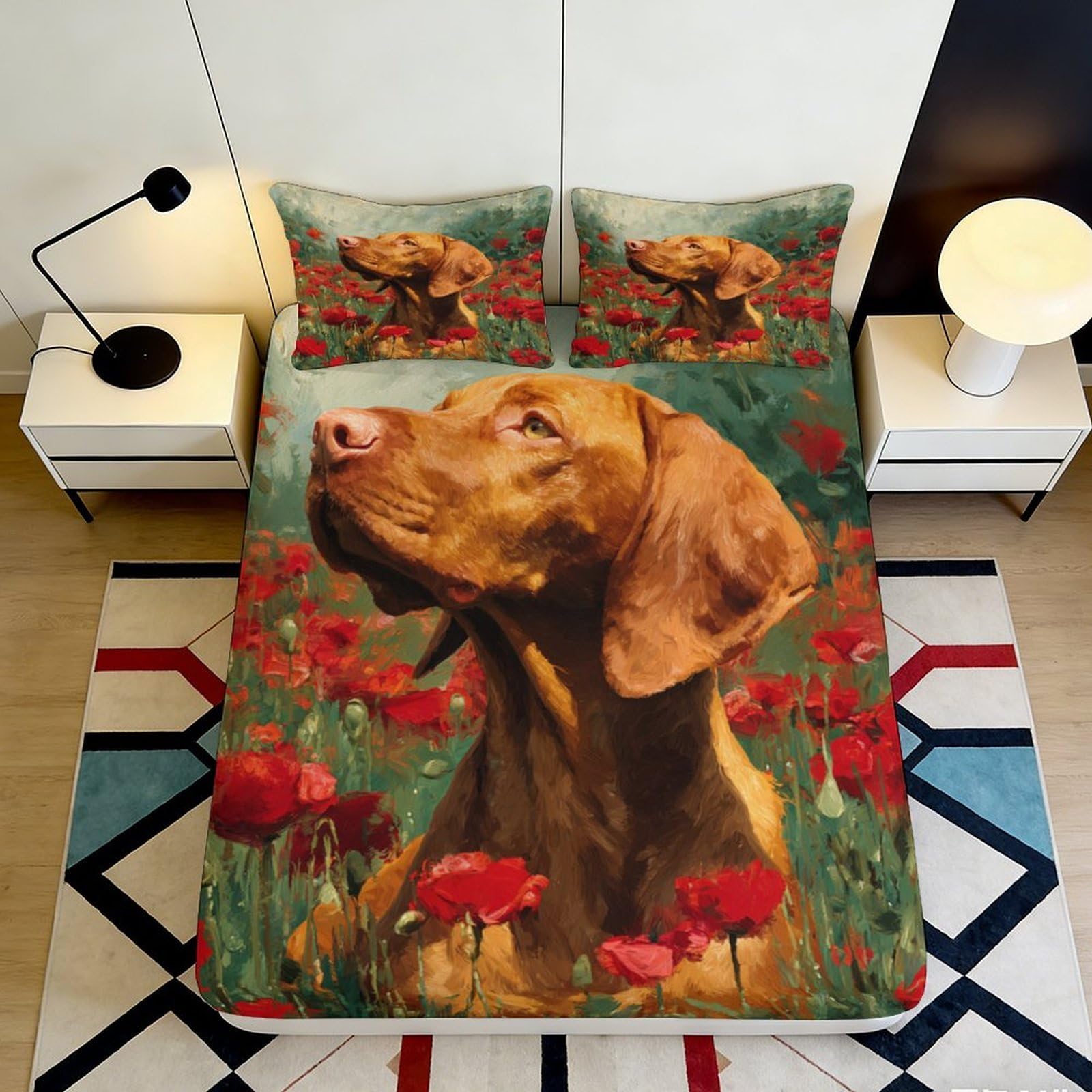 3D Printed Brown Dog in Poppy Field Fitted Sheet Microfiber Soft Non-Slip Bed Cover for Bedroom Guestroom Decor 120x200x25cm