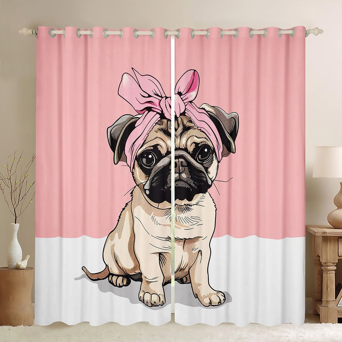 Feelyou Pug Dog Blackout Curtains Cute Pug Dog Kids Boys Girls Window Curtains Pet Dog Darkening Drapes for Bedroom Pug Puppy Animal Living Room Window Treatments (2 Panels, 42 x 90 Inch)