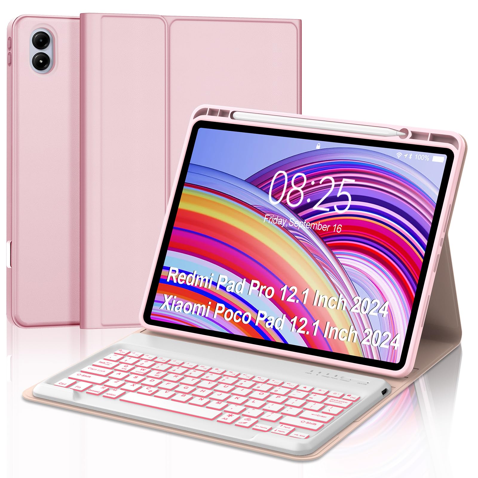 Keyboard Case for Redmi Pad Pro / Xiaomi Poco Pad 12.1 Inch Case with Backlit Keypad, Detachable Wireless Key Board Cover with Pen Holder for Xiaomi Redmi Pro 12.1" 2024, 7-Color Backlight, Pink