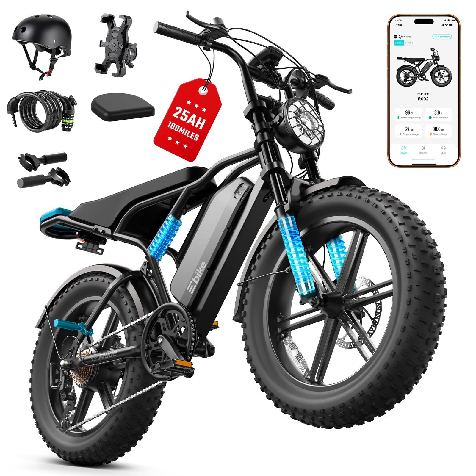 Electric Bike for Adults,25AH Removable Battery,Range 100Miles,Matte Black