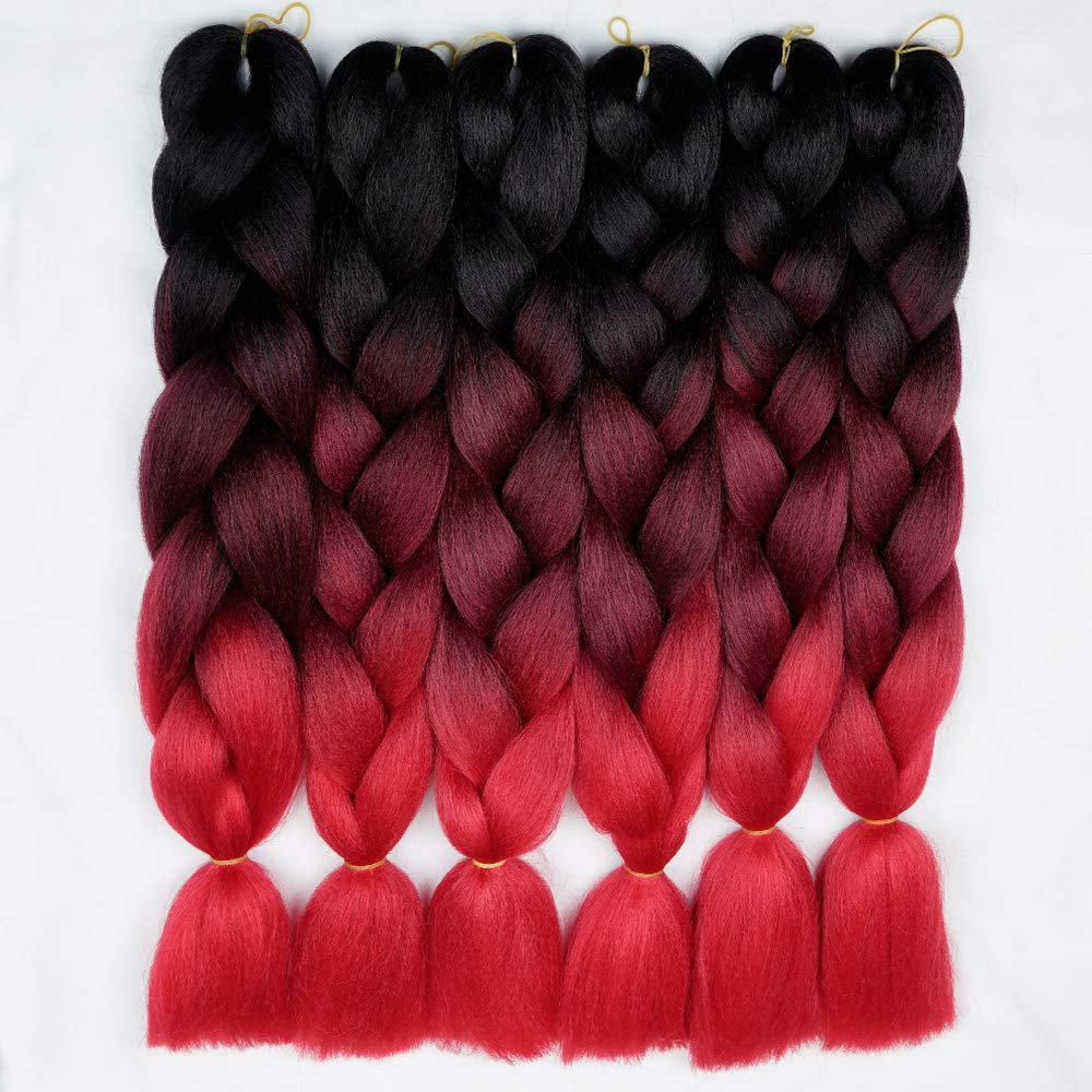 6 Packs Braiding Hair Black To Red Ombre Braiding Synthetic Hair Fiber Jumbo Braids Hair Extensions (Black to BUG to Red#C6)