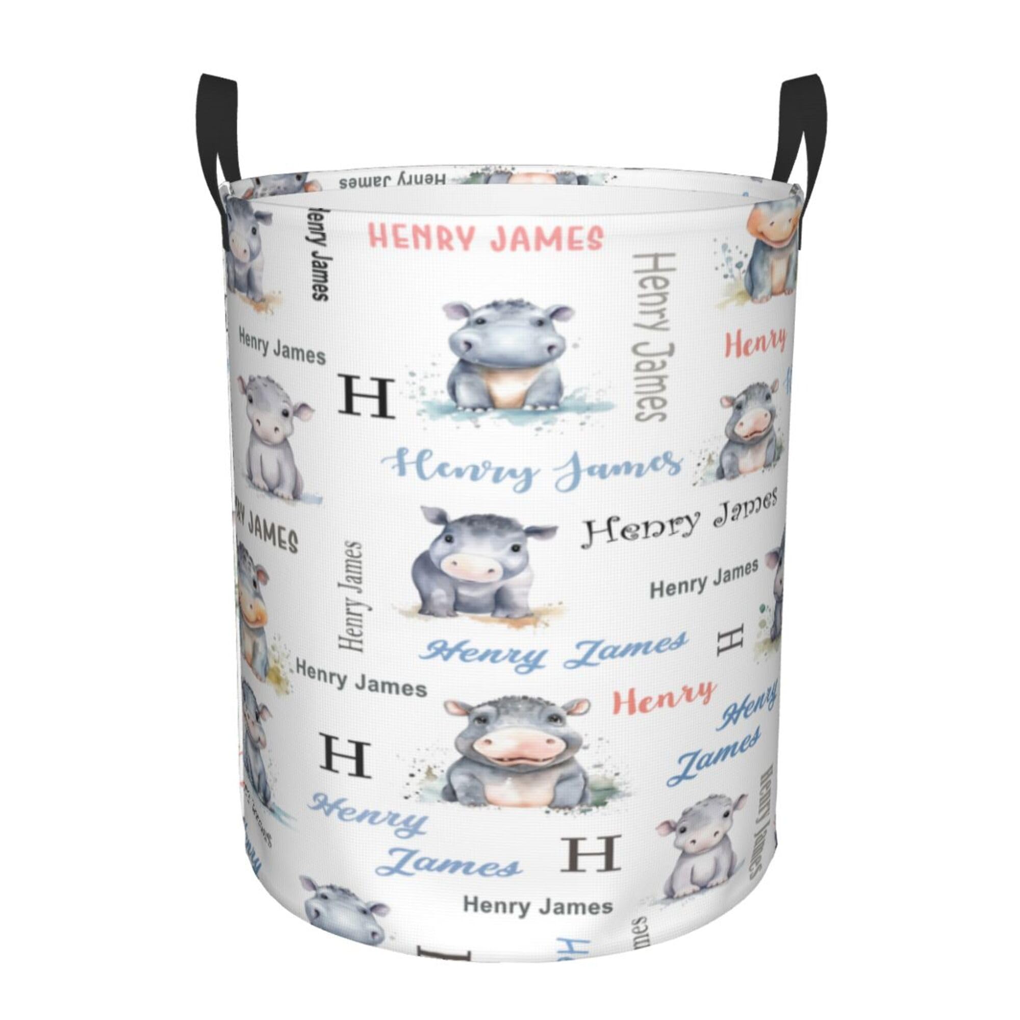 Hippo Baby Hamper for Nursery Girl Personalized Baby Hamper Boy with Name Round Bin with Handles Kids Collapsible Storage Organizer Basket Custom
