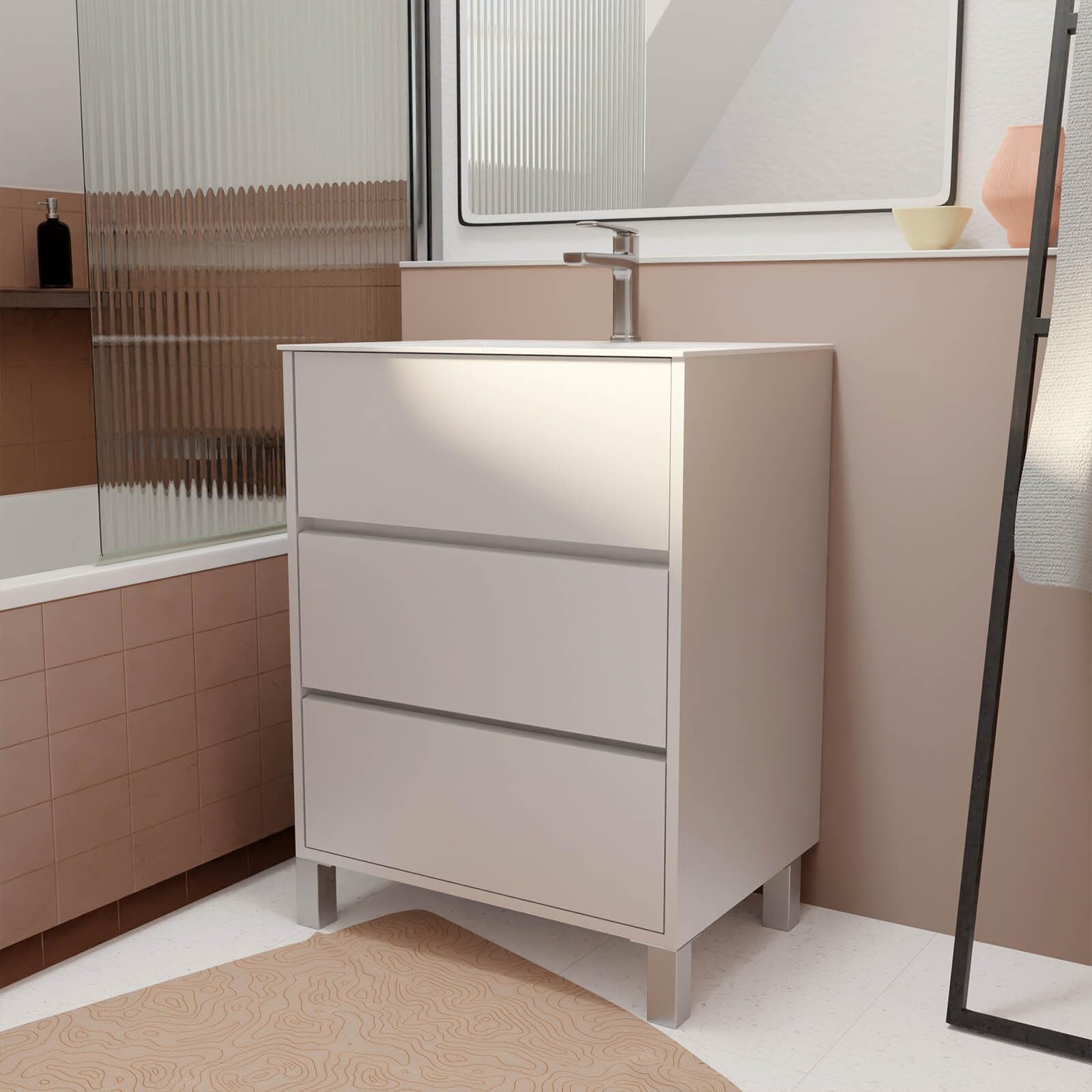 AURLANE Pack Meuble Salle de Bains 60 cm Laqué Blanc, 3 tiroirs avec Vasque Céramique - Xenos