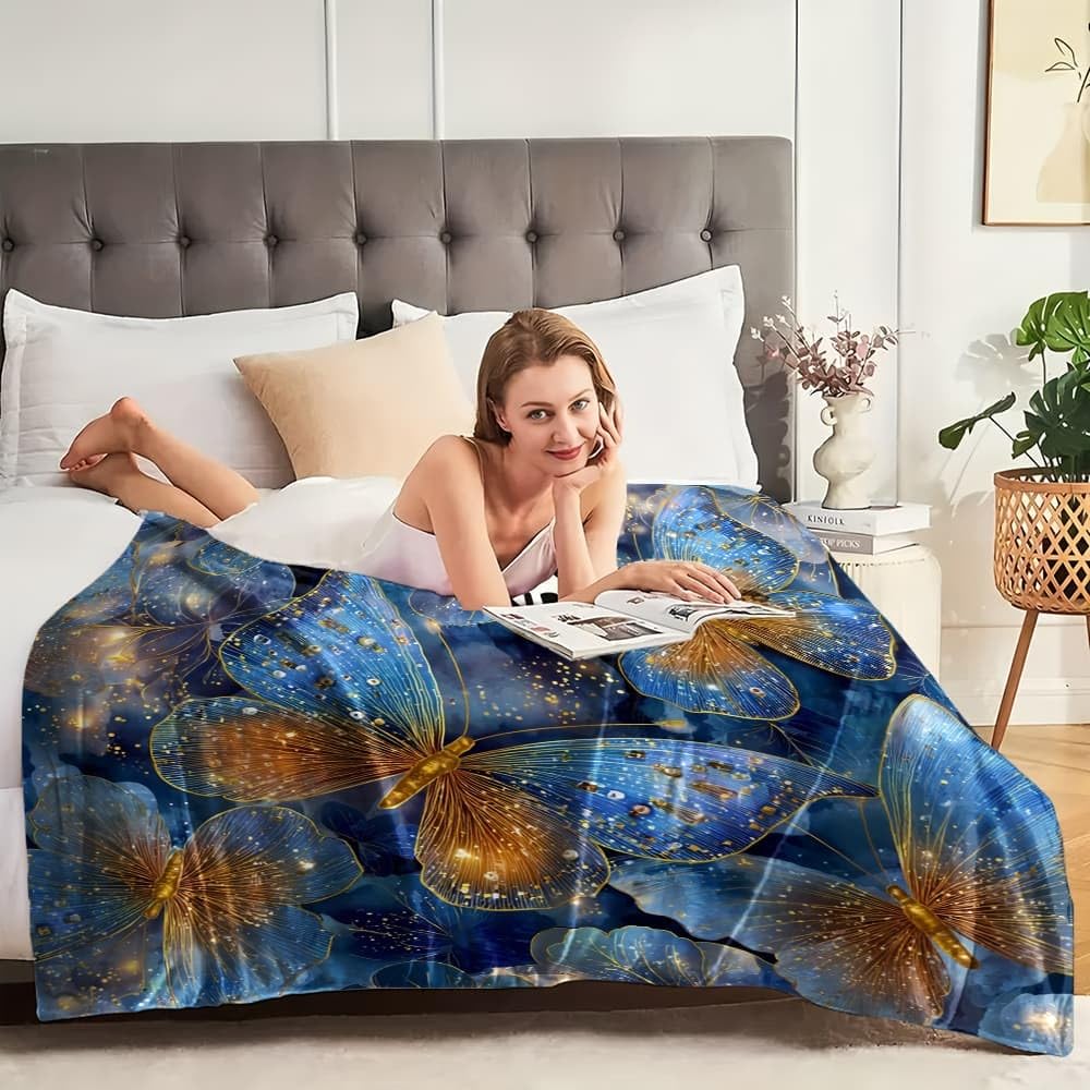 Antystatyczny lekki wełniany koc XXL 180 x 220 cm Fantasy motyl koc flanelowy super miękki niebieski szerpa na łóżko sofa biuro ochraniacz na kolana łóżko samochód kemping plaża