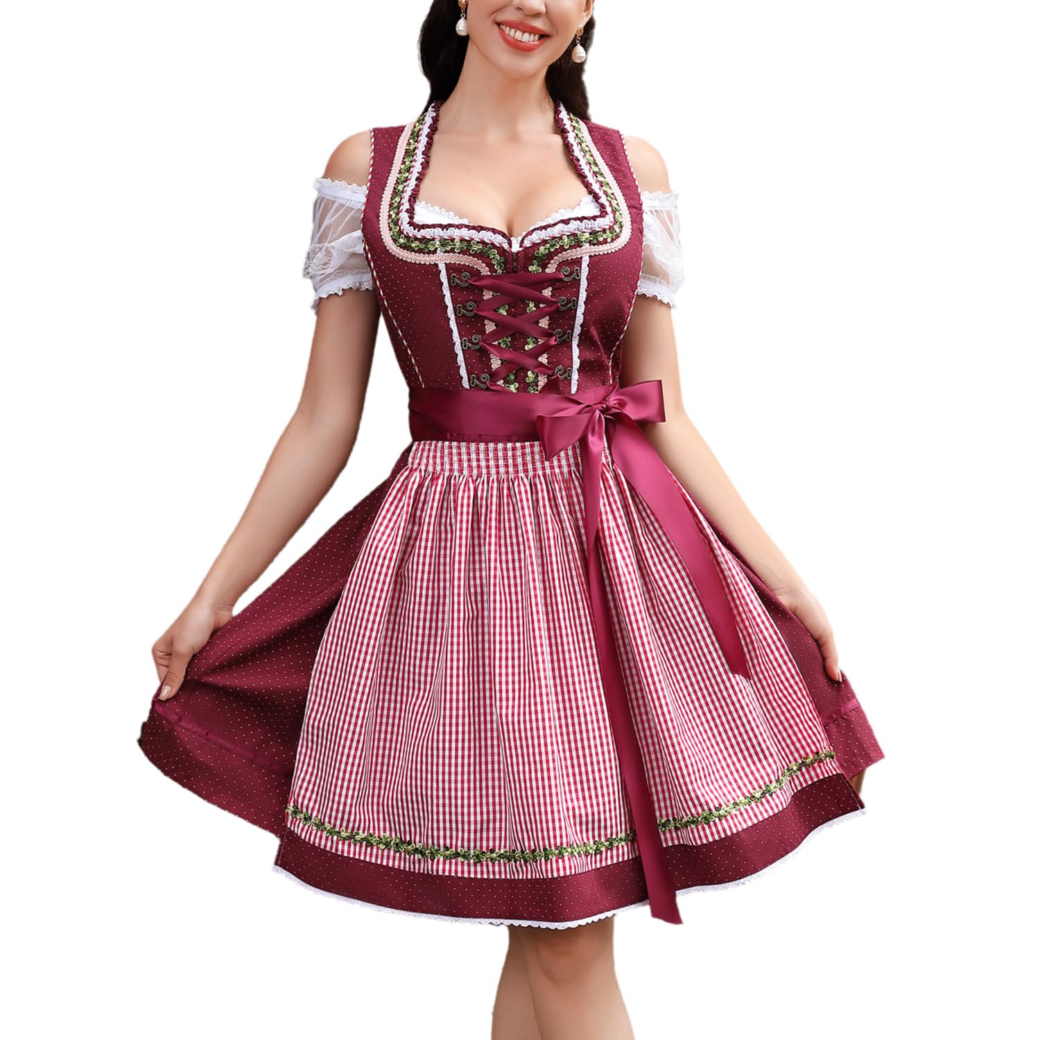 YesFashion Damen Dirndlkleid 3tlg Midi Trachtenkleid Trachtenrock Trachtenmode Kleid Dirndlbluse für Oktoberfest