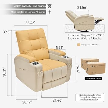 AIRSKY Genuine Leather Recliner Chair, Swivel Recliner Chair, Beige | Top Grain Leather, 360° Swivel & 30° Rocking, Manual Single Recliner Armchair with Stainless Steel Cup Holder for Living Room