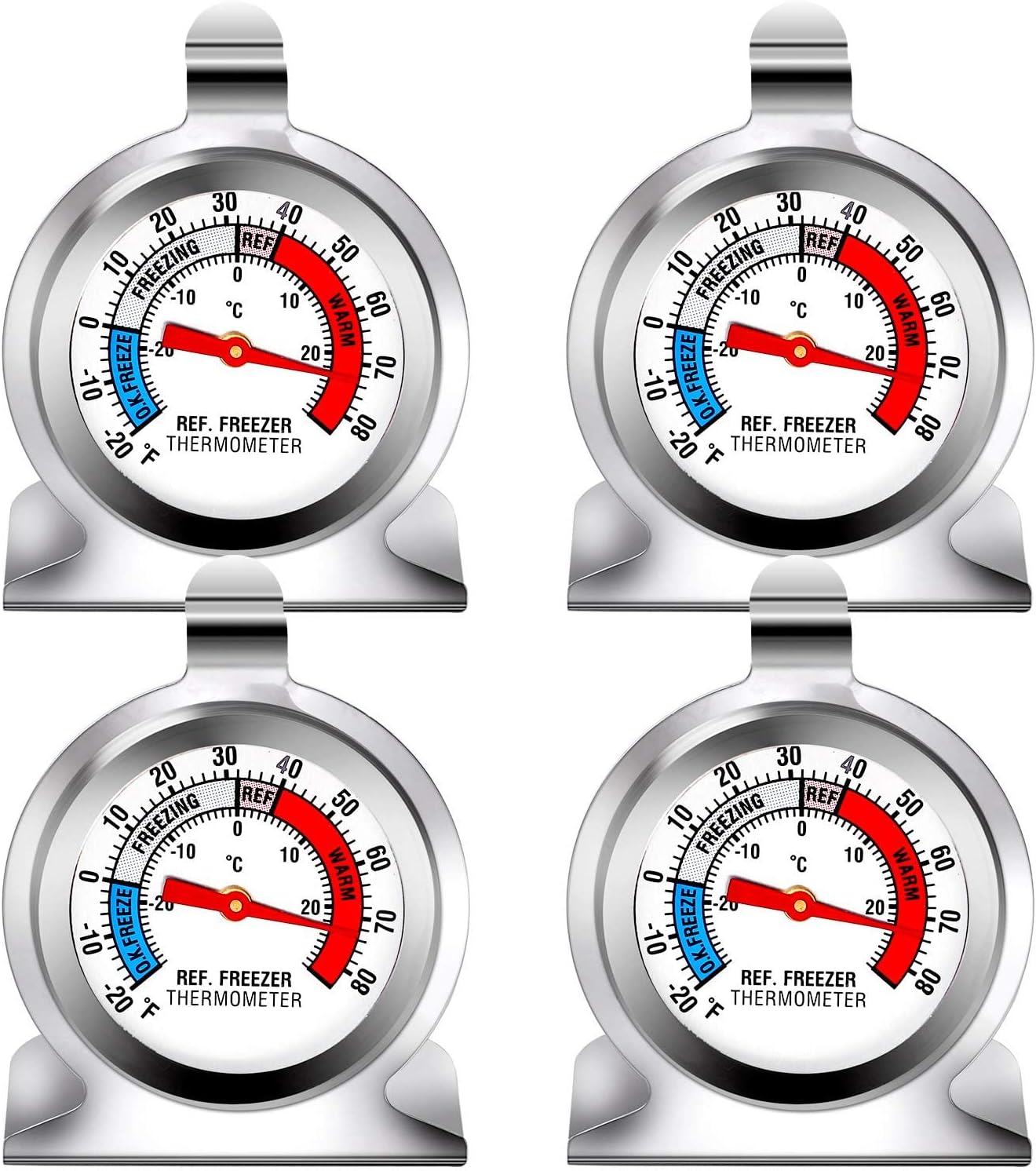 Fridge Thermometer, 4 Pack Refrigerator Thermometer Classic Series Large Dial Temperature Thermometer with Hanging Hook and Retractable Stand for Freezer