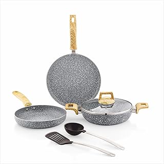 Amazon Basics Granite Finish Non Stick 5 Pcs Induction Base Cookware Set-Granito Grey (24cm Fry Pan, 24 cm Kadai, 28cm Taw