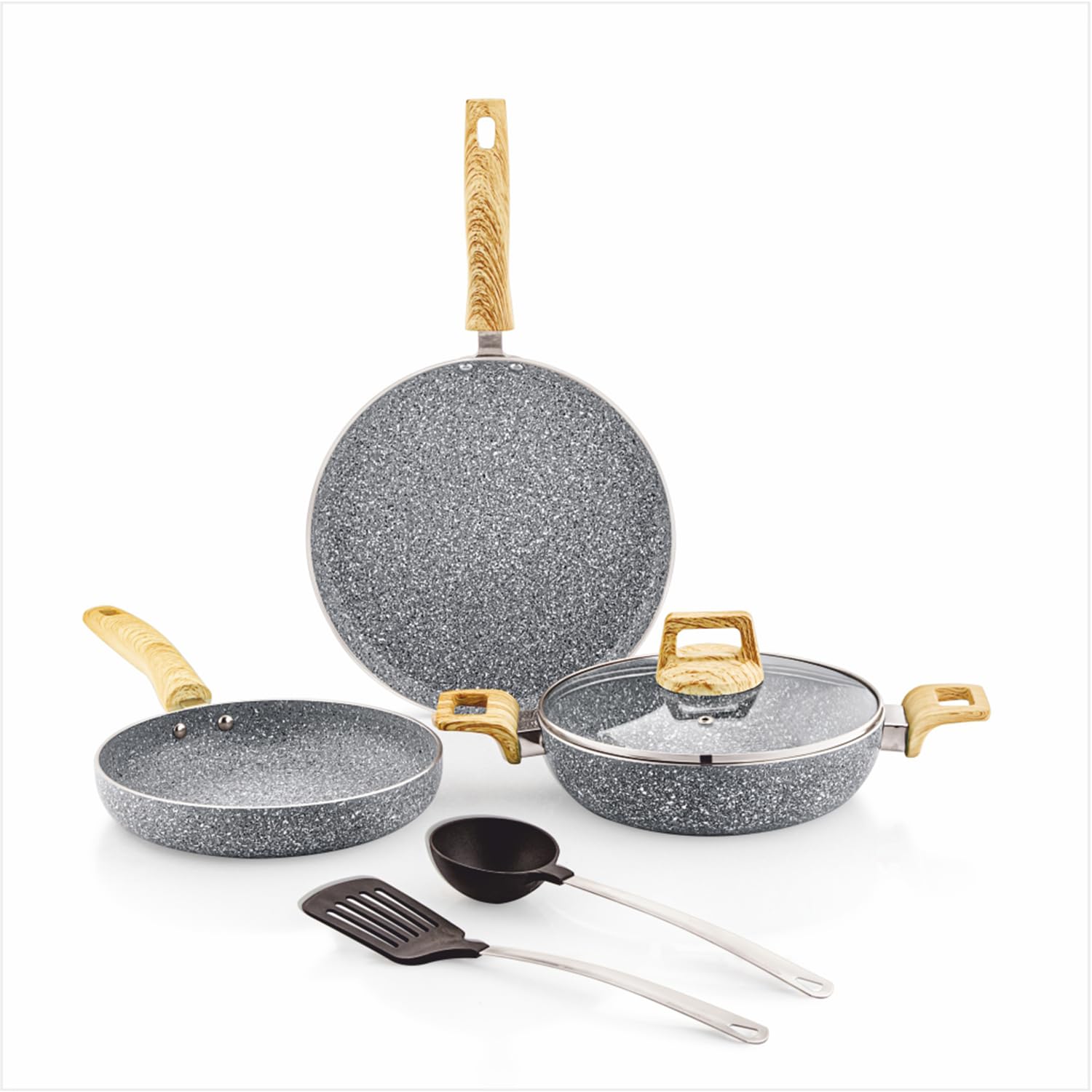 Amazon Basics Granite Finish Non Stick 5 Pcs Induction Base Cookware Set-Granito Grey (24cm Fry Pan, 24 cm Kadai, 28cm Taw