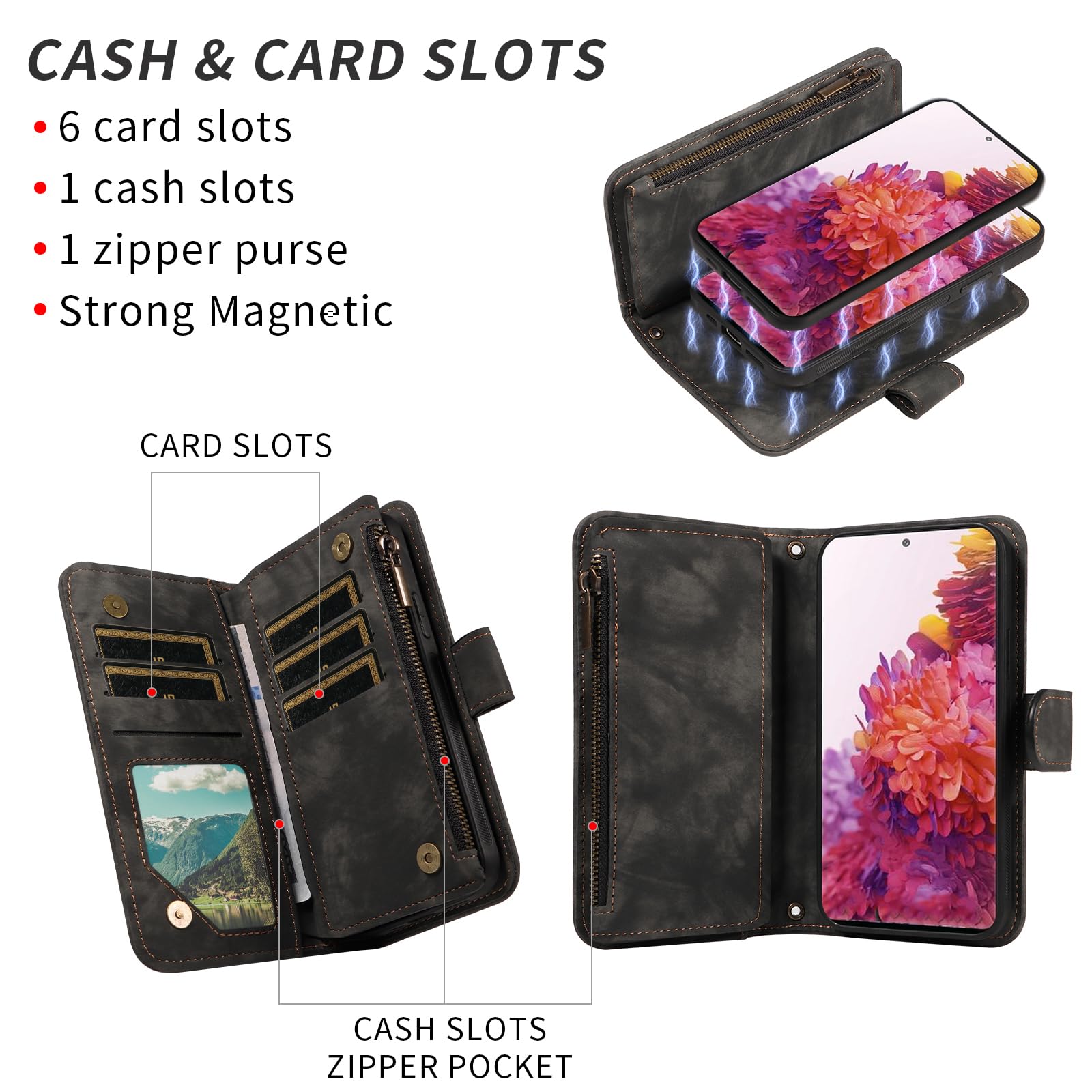 Asuwish Étui de téléphone pour Samsung Galaxy S20 FE 5G 6,5" avec fermeture éclair et sangle de protection d'écran à rabat et porte-cartes de crédit S 20 EF UW 2022 S20FE5G S20FE 20S S2O Fan Edition