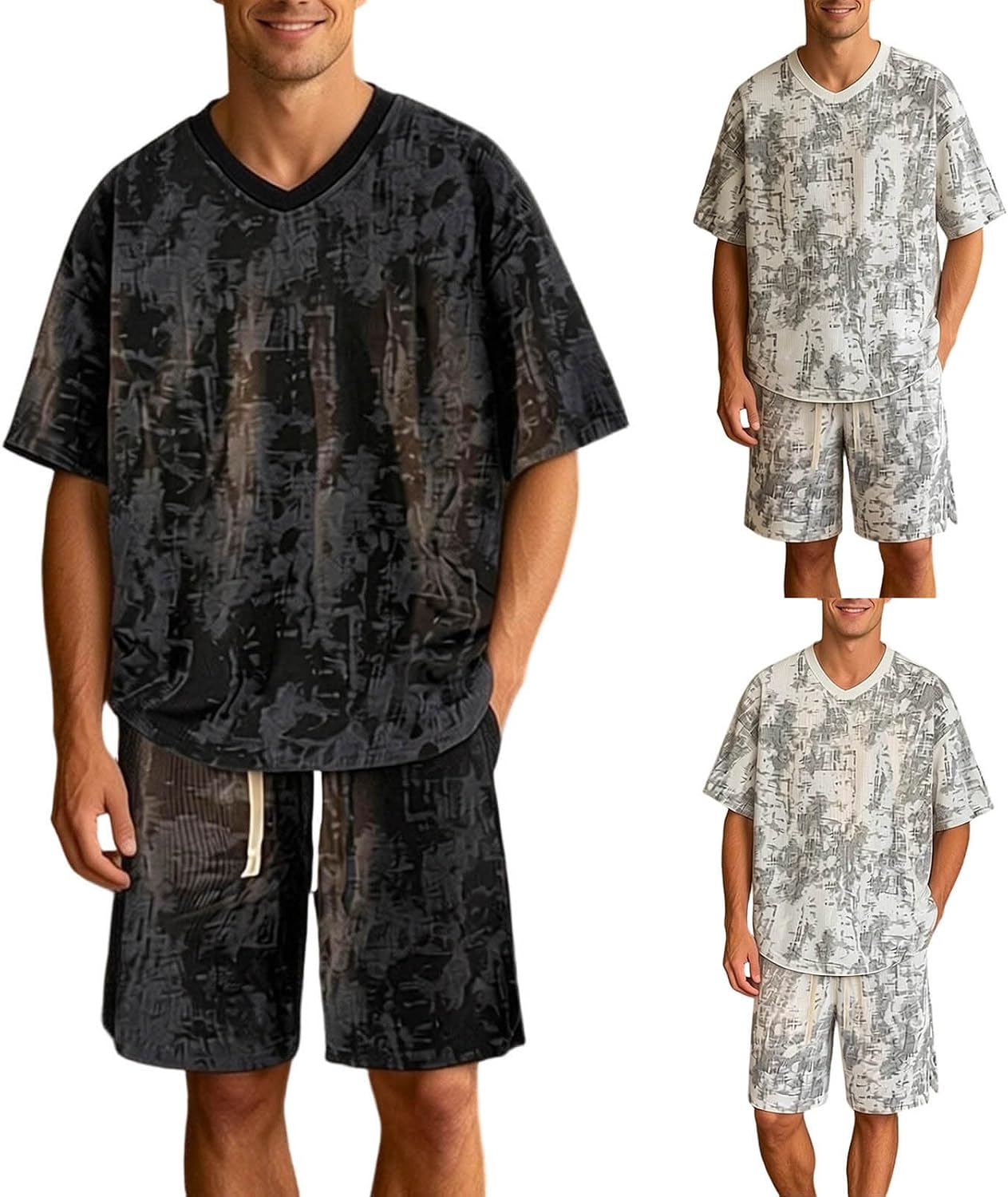 Cambkatl Men's Fashion Tie Dye 2 Piece Outfits, Short Sleeve Loose V Neck T-Shirts and Shorts Tracksuit Summer Matching Sets