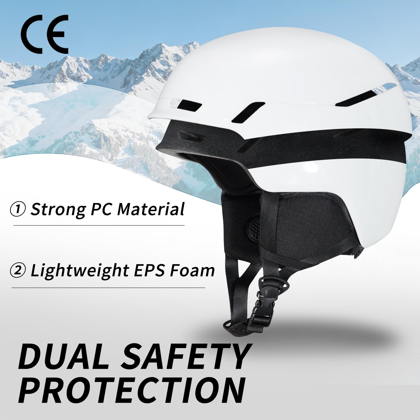 Casque de Ski Casque de Snowboard avec Détachable Cache Oreilles pour Unisexe Anti-Vent Anti-UV Casques de Neige pour Snowboard (Blanc Brillant, S)