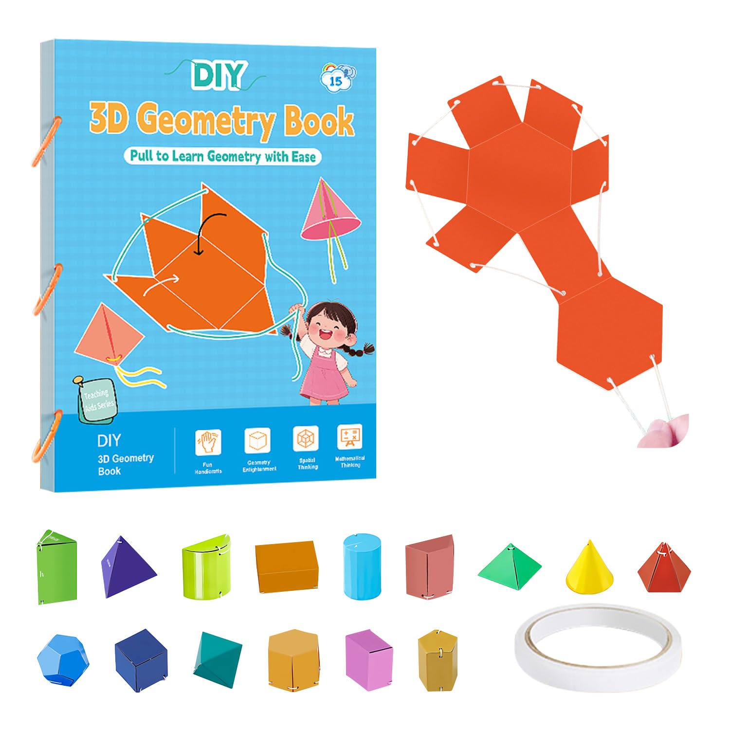 Pull String Geometry Learning Book with Rope Interactive Pull String Model Book Kit for 3D Shapes Geometry Solids Beginners Foldable Design 3D Geometry Game for Kids Children Teens Toddler (15Models)