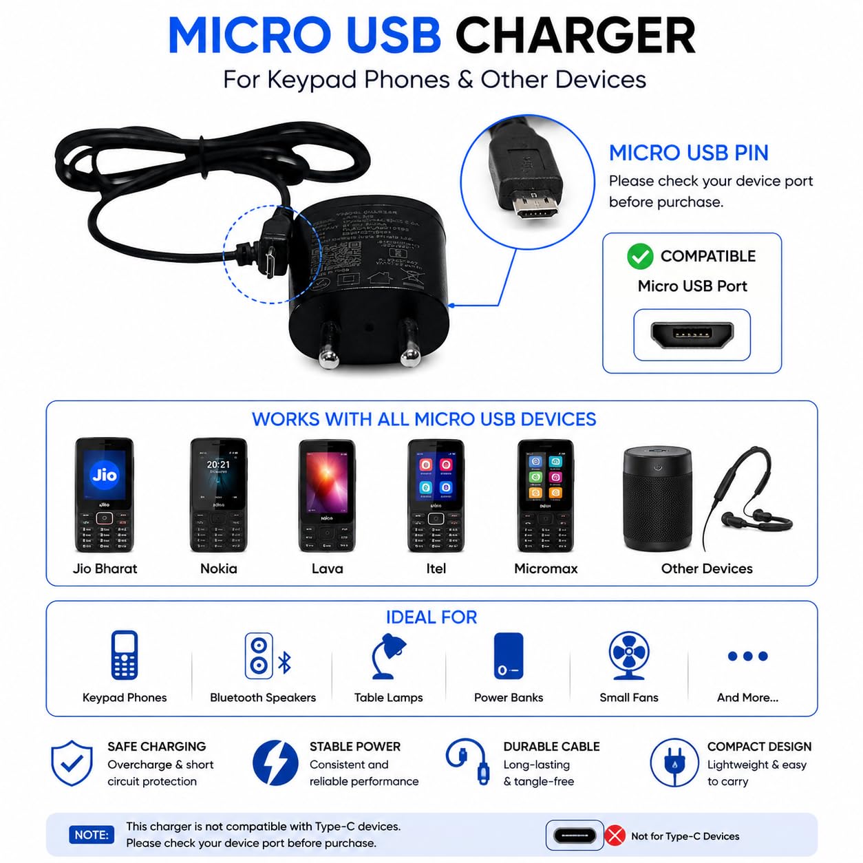 Universal 5V 500mAh Mobile Charger for Keypad Phones – Compatible with Nokia, Samsung, Intex, Lava, Jio Bharat, Feature Phones, Basic Handsets,Reliable Low Power Charging Adapter- (Micro Cable) — Amazon image 8