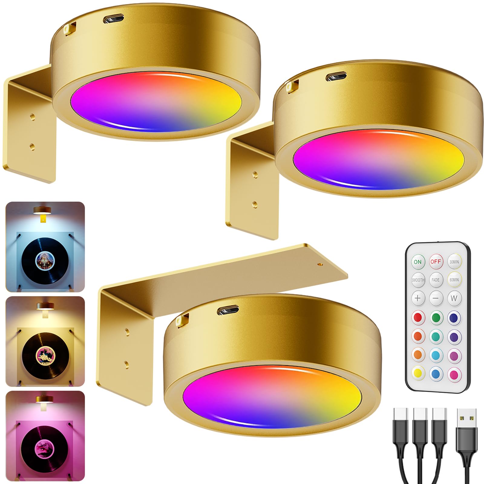 Luz Cuadros Sin Cable con Mando, 2600mAh Foco LED Pared Recargable USB Aplique LED Cuadro Luces Vitrina RGB Foco Bateria Magnetico Luz de Oro Imagen Inalámbrica Iluminación Iman para Expositores