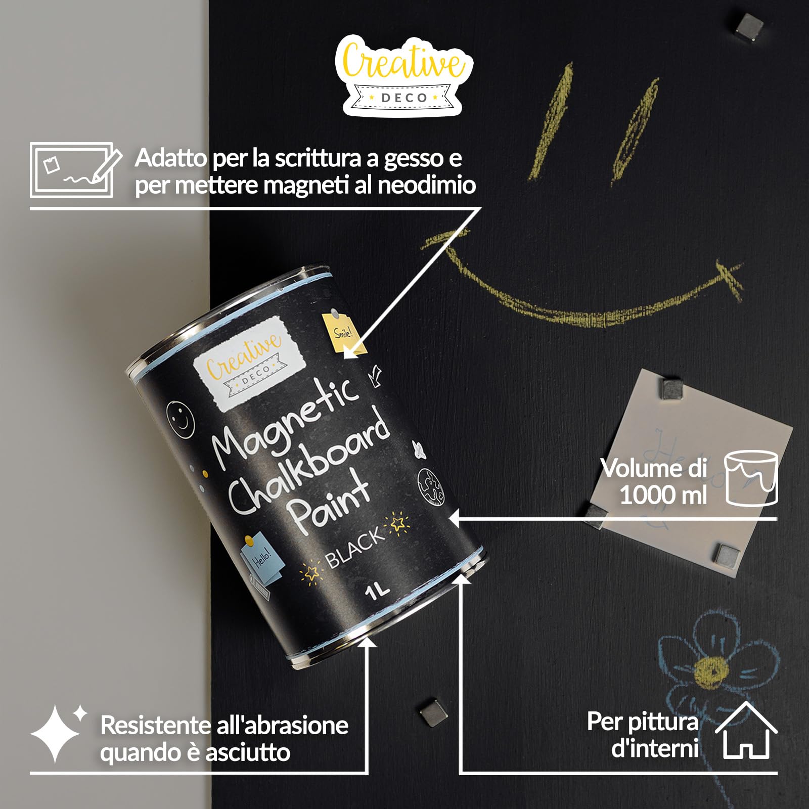 Creative Deco Vernice Lavagna Magnetica a Gesso Nera | 1L | Pittura Opaca per Pareti Legno Metallo | Efficienza 2m² con 3 Strati | A Base d'Acqua | Con Polvere Metallica | Adatta per Fissare Magneti