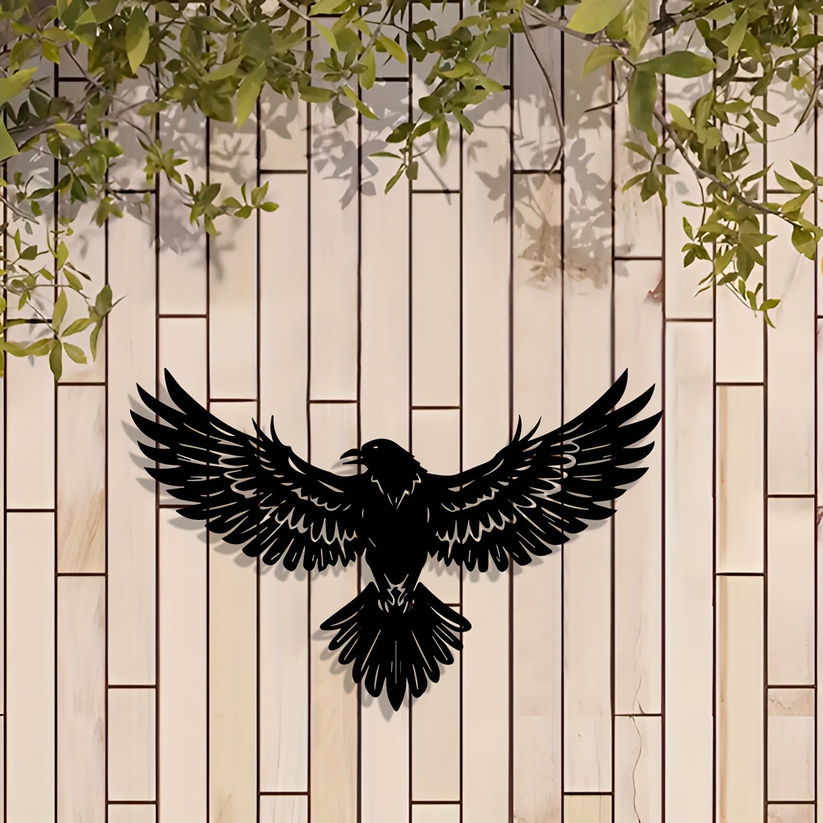 Decoración de pared abstracta contemporánea de metal, arte gótico de cuervo, mural de estatua de silueta de hierro negro con plumas detalladas para interiores/exteriores, hogar, jardín, sala de e