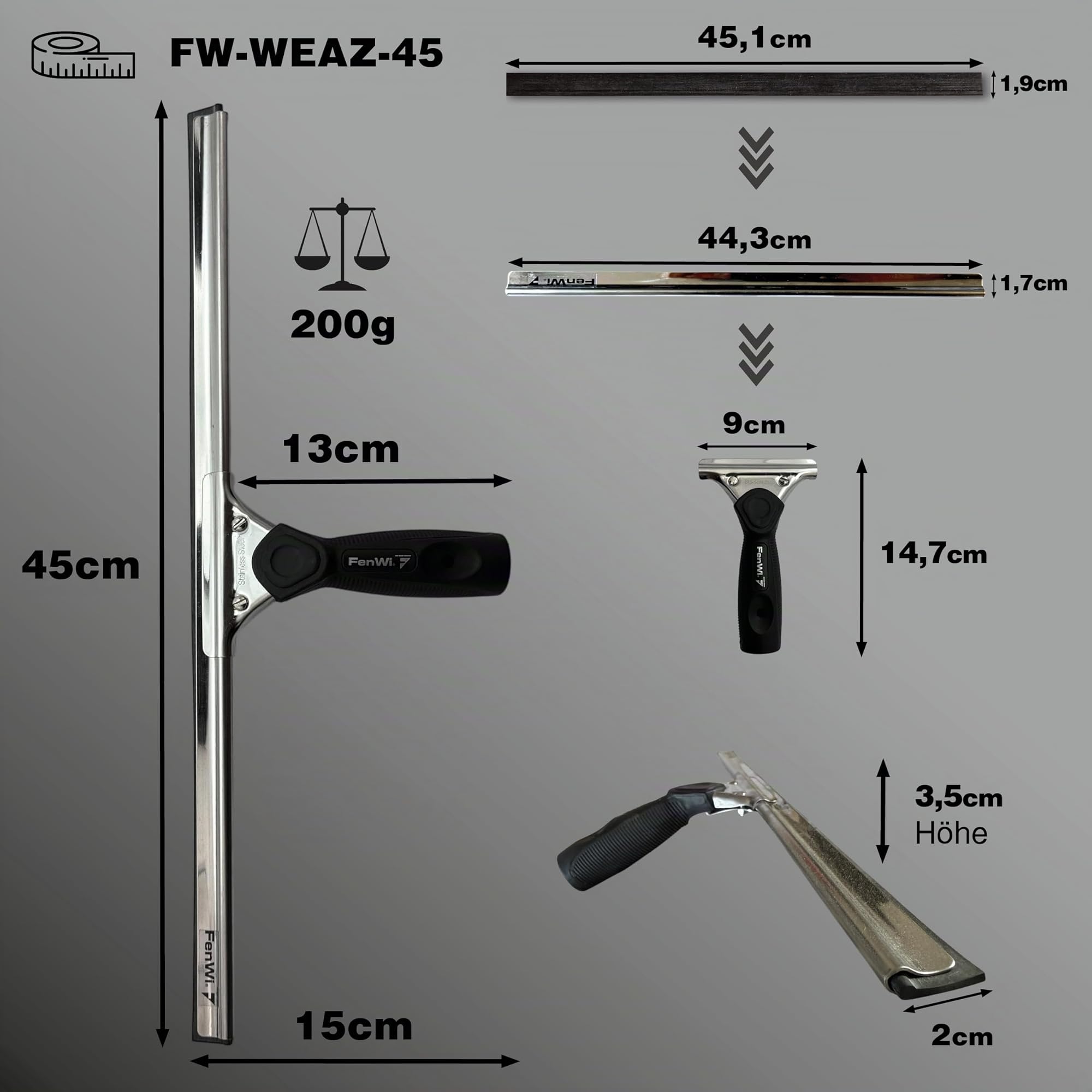 FenWi Fensterabzieher in 45cm Breite/Duschabzieher/breiter Abzieher mit Edelstahl-Abziehschiene für Schaufenster und große Flächen
