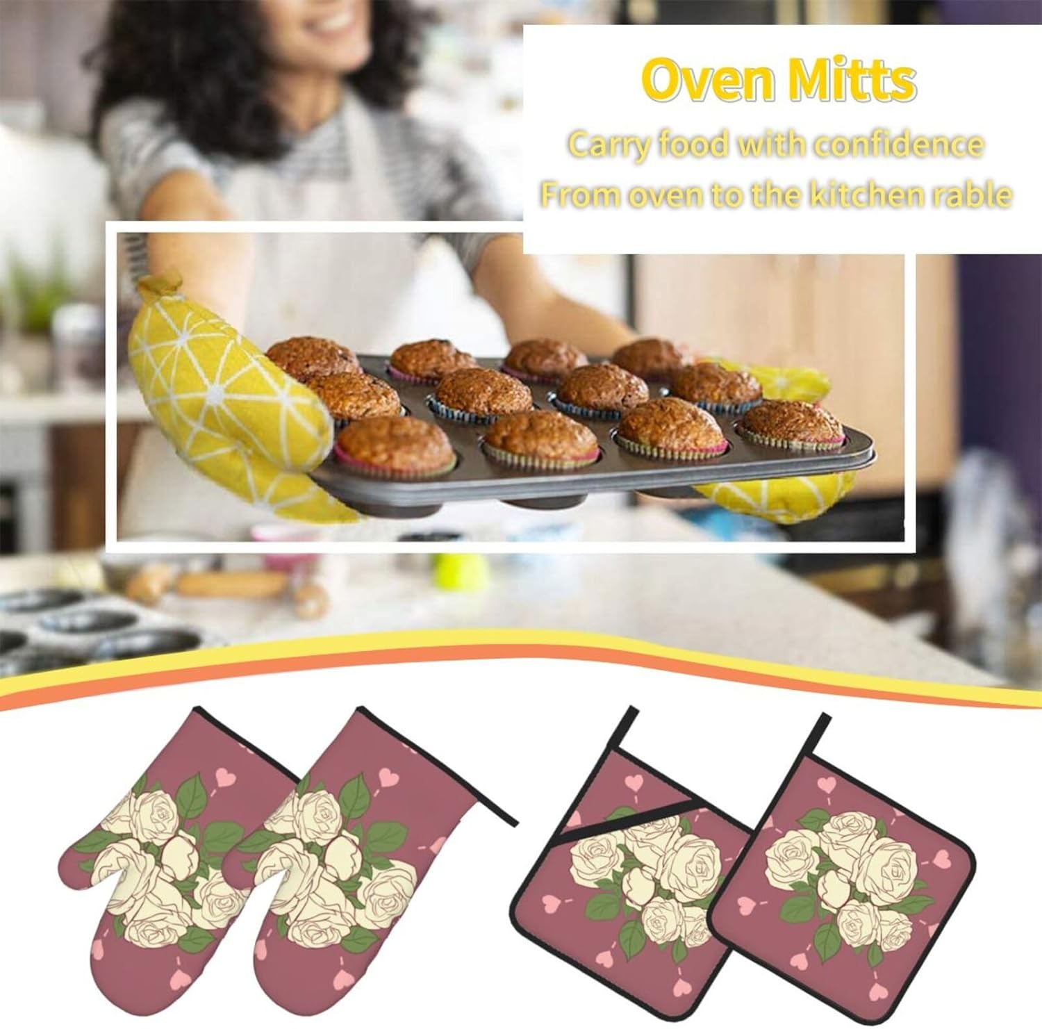 White Rose of Love Oven gloves and heat-resistant mat 4-piece set. Suitable for grilling, microwave oven frying, and baking