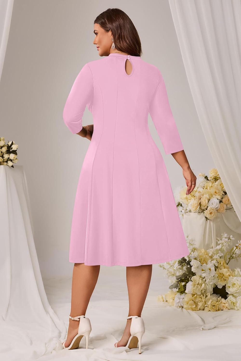 Runwind Plus Size Dresses for Curvy Women, V-Neck 3/4 Sleeve Semi-Formal Fall Church Wedding Guest Cocktail Party Midi Dress - Image 6