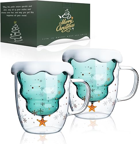 Miniatura 1 de LIBWYS Paquete de 2 tazas de café de Navidad, tazas de vidrio de borosilicato de doble pared con tapa de copo de nieve, juego de tazas lindas para