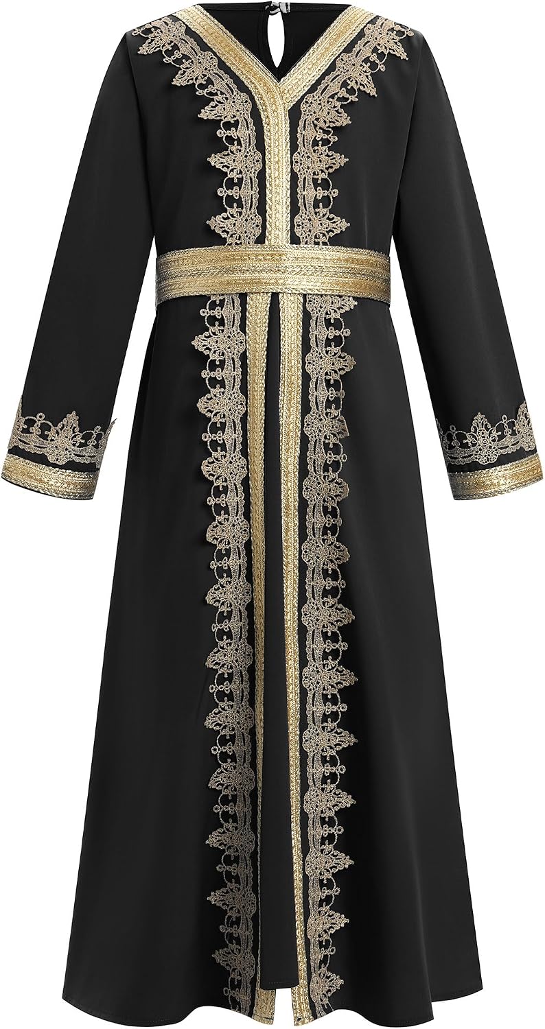 Muslim Dress for Kids Girls Abaya Middle East Ramadan Long Sleeve Lace Prayer Dress Arabic Kaftan with Belt