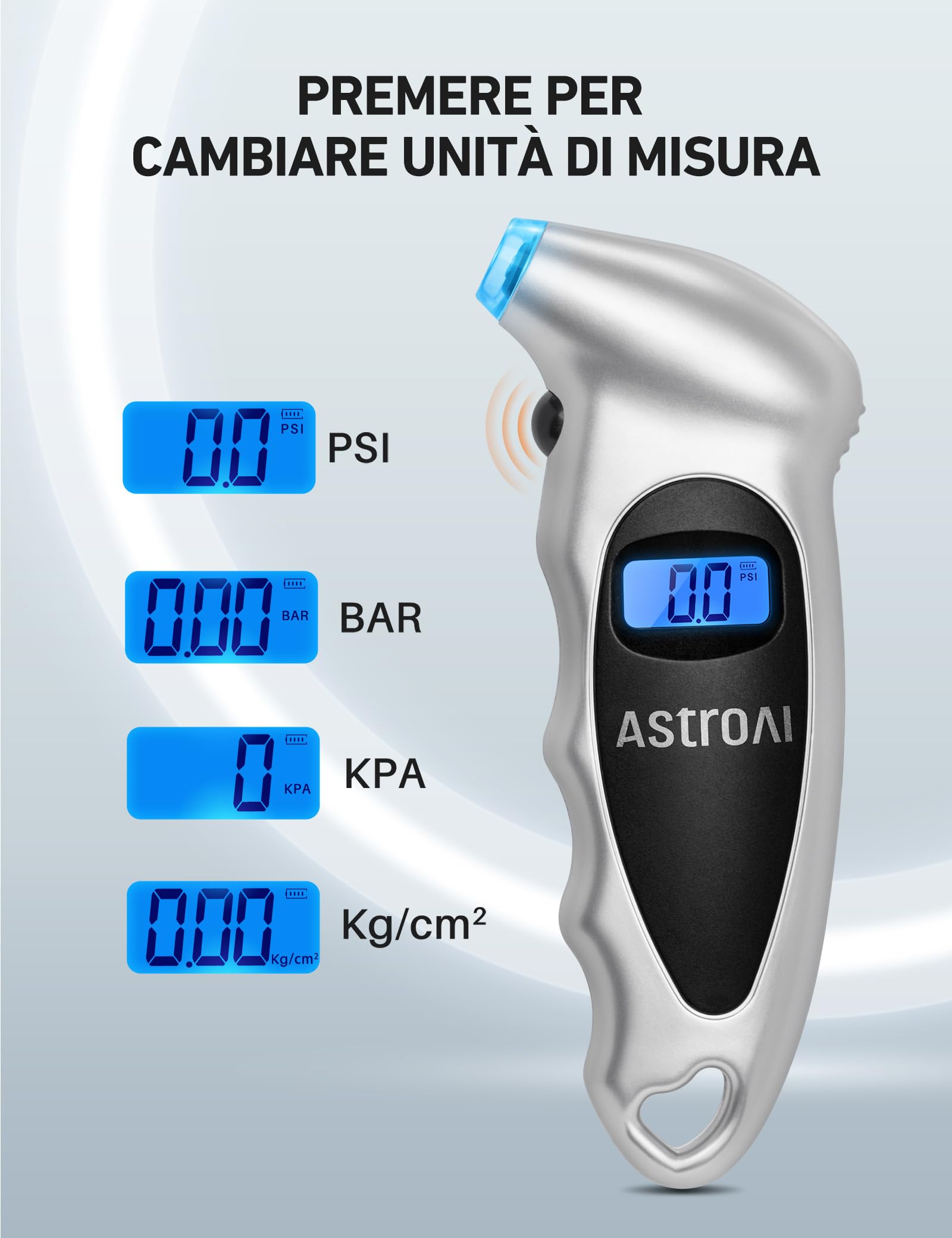 AstroAI Tire Pressure Gauge Digital 0-150PSI (Accurate in 0,1 incrementi), 4 unità Stocking Stuffers per auto camion bicicletta con LCD retroilluminato e adattatore valvola Presta, Sliver