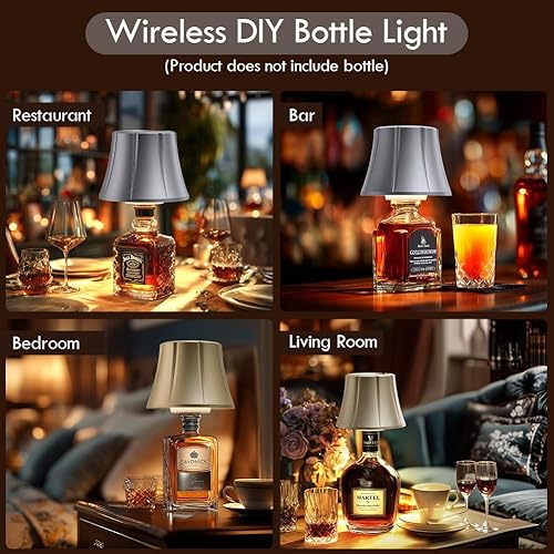 Miniatura 5 de WILIT Lámpara inalámbrica para botellas de licor, pantallas de lámpara de mesa regulables sin cable, luz nocturna que funciona con baterías para 1