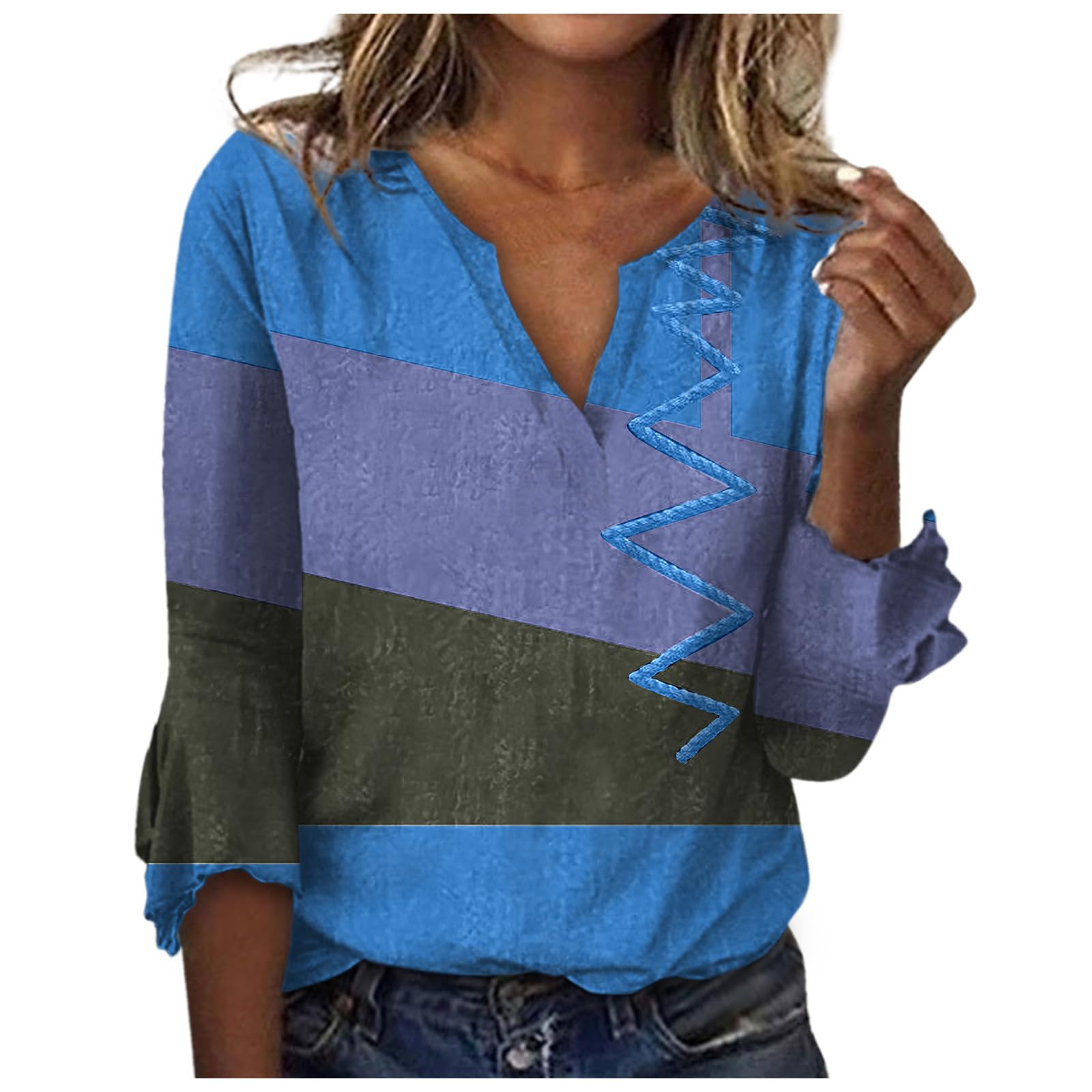 Womens Elbow Length Sleeve Tops Vneck Loose Tees Patchwork Blouse Tunic Women Clothing 2023 Plus Size Jersey Shirts