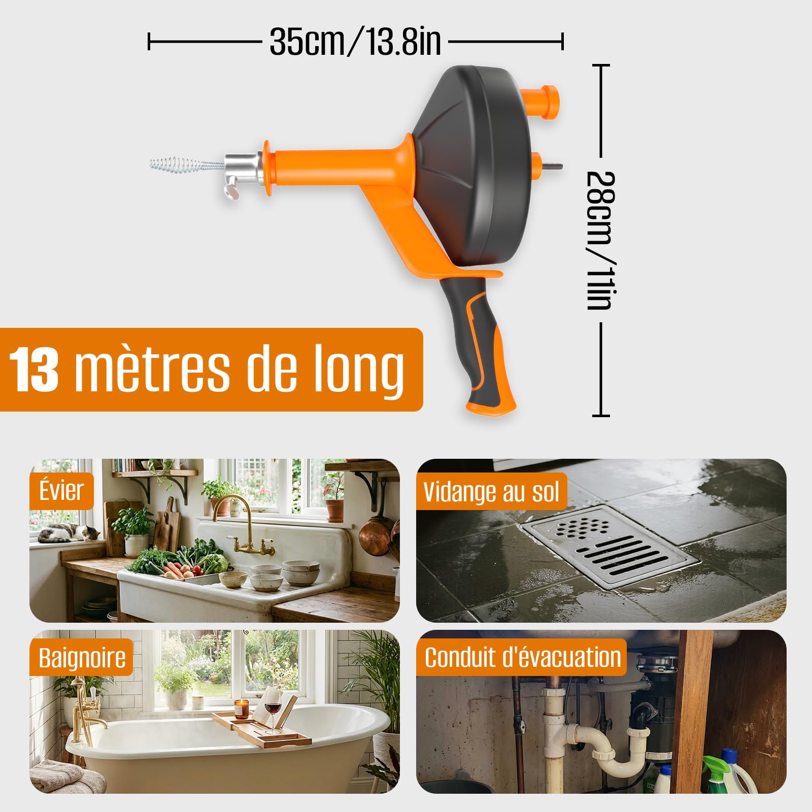 Spirale de nettoyage de canalisations de 13 m, spirale de débouchage en spirale, avec embout de perçage et gants imperméables pour un nettoyage des tuyaux respectueux de l'environnement, pour cuisine