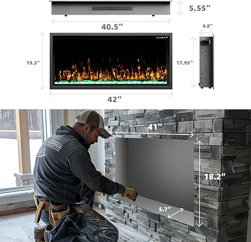 Miniatura 7 de BREEZEHEAT Chimenea eléctrica de 42 pulgadas, empotrada y montada en la pared, calentador de 750/1500 W con control de temperatura, opciones de