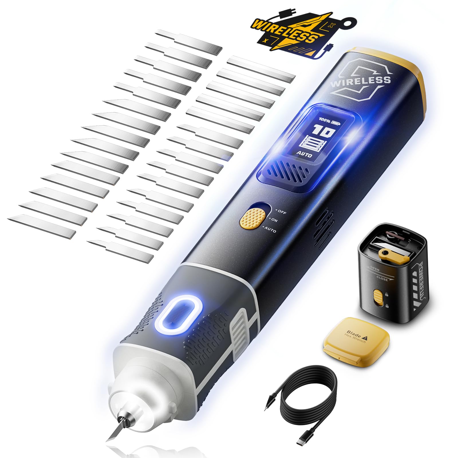 Kabelloser Ultrasonic Cutter, 40 kHz Arbeitsfrequenz, 30 Watt Hochleistung, 1000 mAh Akku mit USB-Ladekabel, LCD-Bildschirm, für 3D-Modelle, Leder, Holz