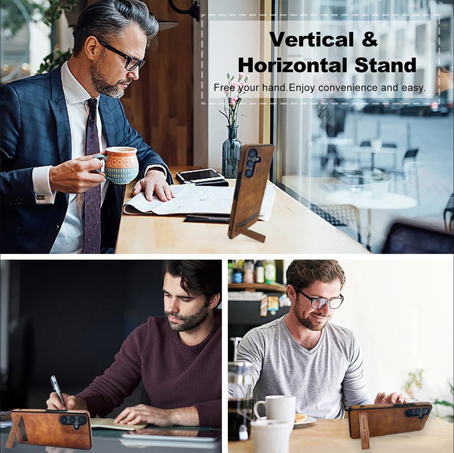 Leather Case with Stand for Samsung Galaxy S25 Plus Case, Protective Soft Grip Luxury Cover for Men, Protective Slim Kickstand Shockproof Phone Cases Compatible with S25 Plus 6.7", Brown - Image 7