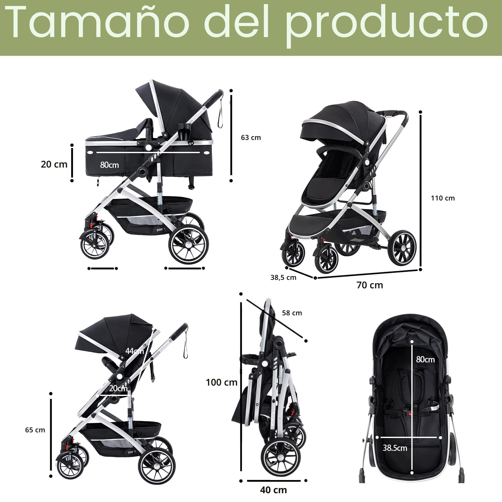 Gcarebb Cochecito 3 en 1, asientos de coche y cochecito plegable portátil con un solo clic, combinados de paisaje con marco de aluminio alto para recién nacidos de 0 a 4
