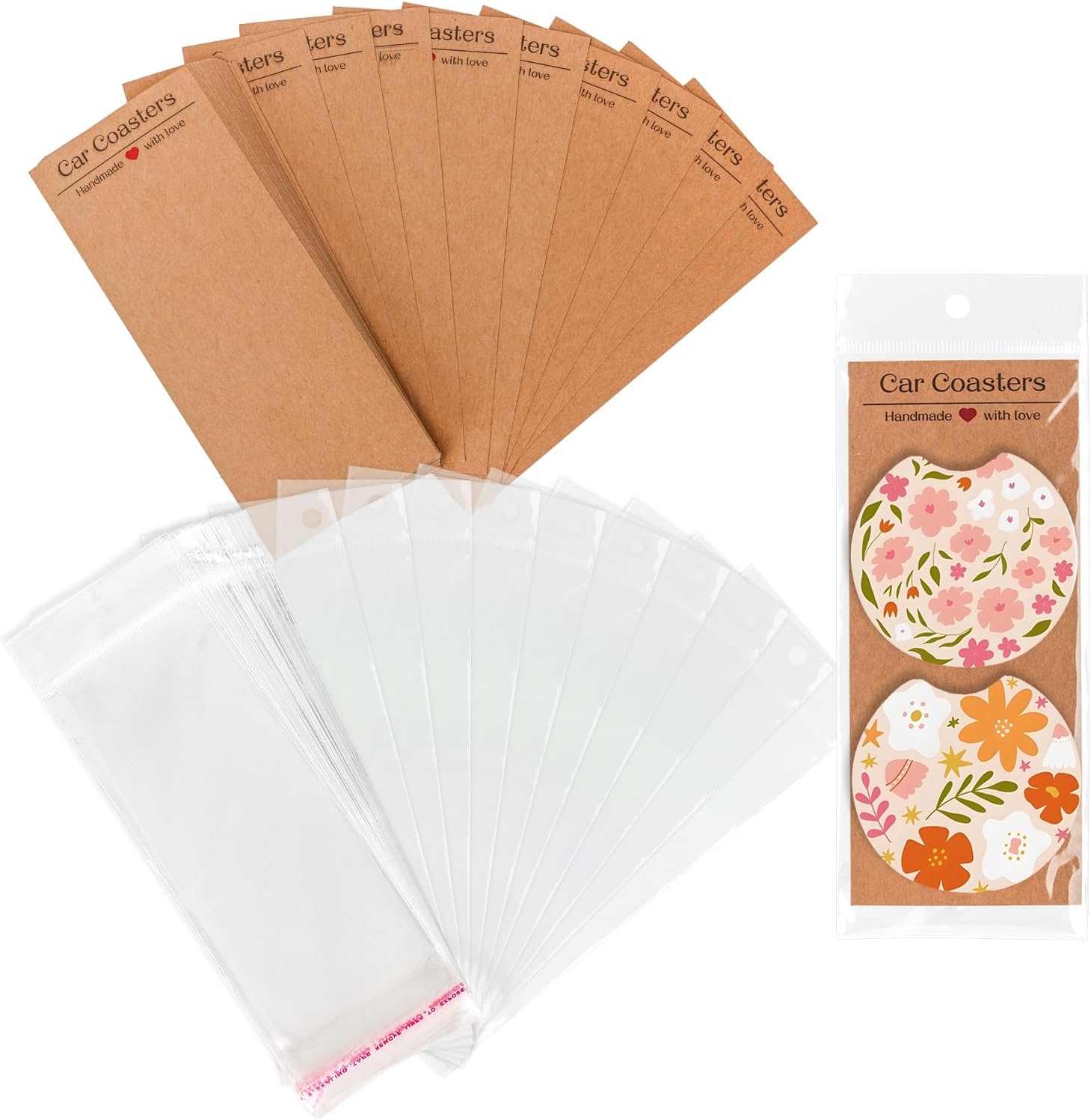 100Pcs Car Coaster Packaging for Selling, Sublimation Blank Car Coasters with Bags, 50Pcs Car Coaster Display Cards and 50Pcs Self-Seal Bags(Brown)
