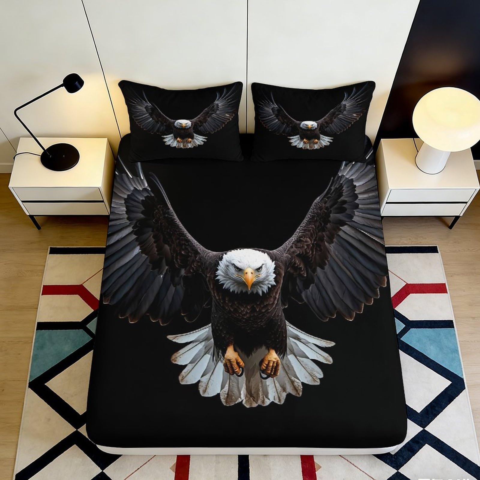 3D Printed Majestic Eagle Fitted Sheet Microfiber Soft Black Bird of Prey Mattress Cover Bedroom Decor Protector 90x200x25cm
