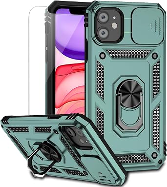 for iPhone 11 Case with Camera Lens Cover Screen Protector, Dual Layer [15 FT Military Grade Drop Protection] Magnetic Ring Holder Kickstand Protective Phone Case for iPhone 11 6.1 inch Dark Green