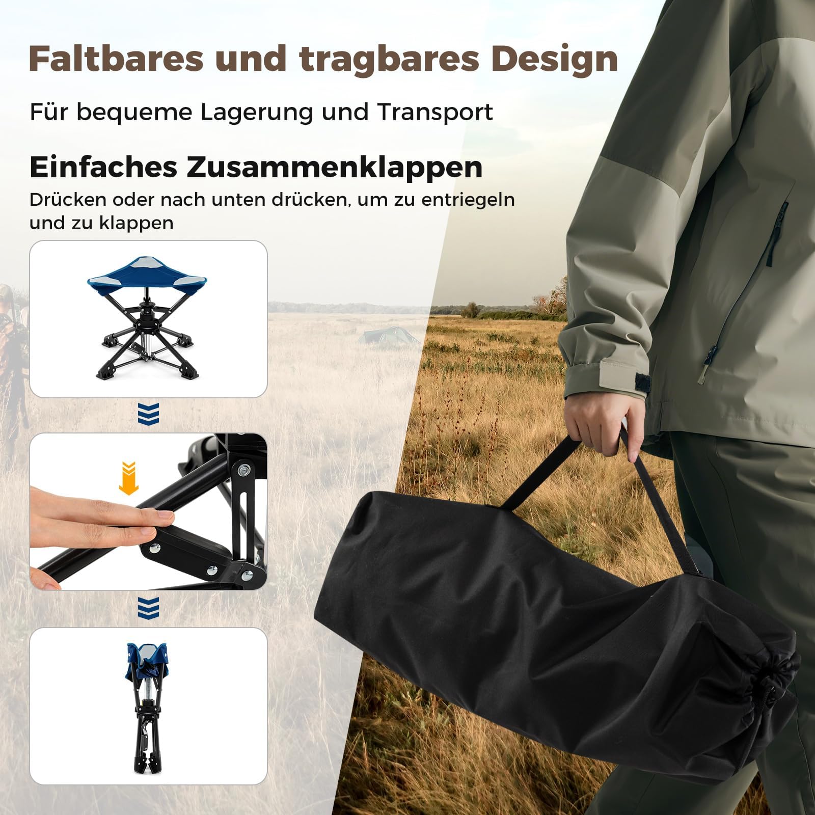FANTASK Sgabello portatile da campeggio con piedini anti-ink, borsa per il trasporto, girevole a 360°, pieghevole, girevole a 360°, portata fino a 150 kg, per campeggio, caccia e pesca (blu)