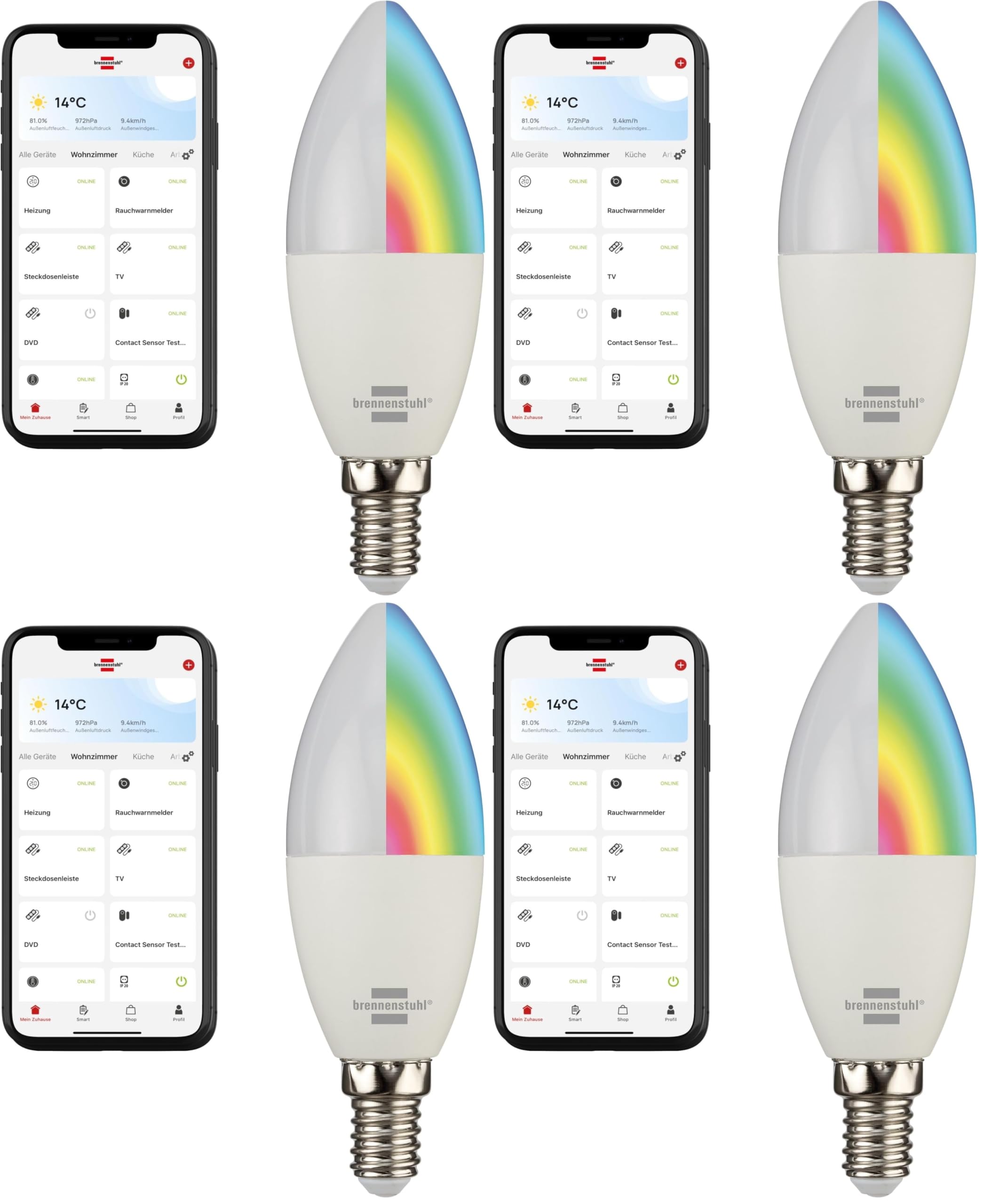 Brennenstuhl Connect Bombilla LED WiFi SB 400 E14 (compatible con Alexa y Google Assistant, no requiere hub, Bombilla inteligente 2,4 GHz con app gratuita, 430lm, 5,5W) (Paquete de 4)