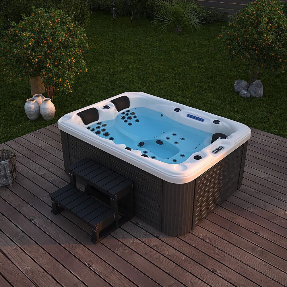 Home Deluxe - Outdoor Whirlpool - Beach Plus Treppe und Thermoabdeckung - Maße: 210 x 155 x 83 cm - Inkl. Heizung, 51 Massagedüsen und 24 Lichtquellen I Außen Whirlpool für 3 Personen