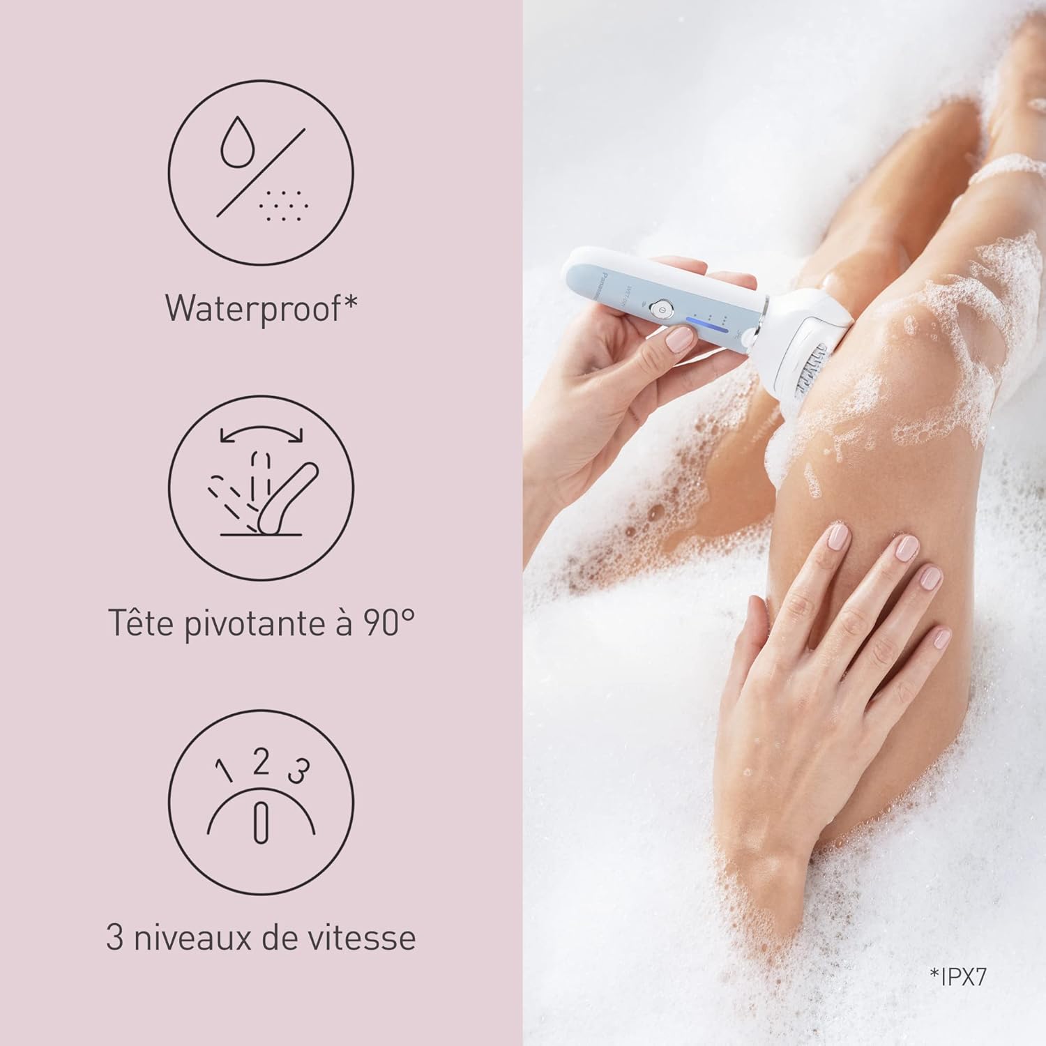 Epilator used in a bath, highlighting waterproof feature, flexible head, and speed settings