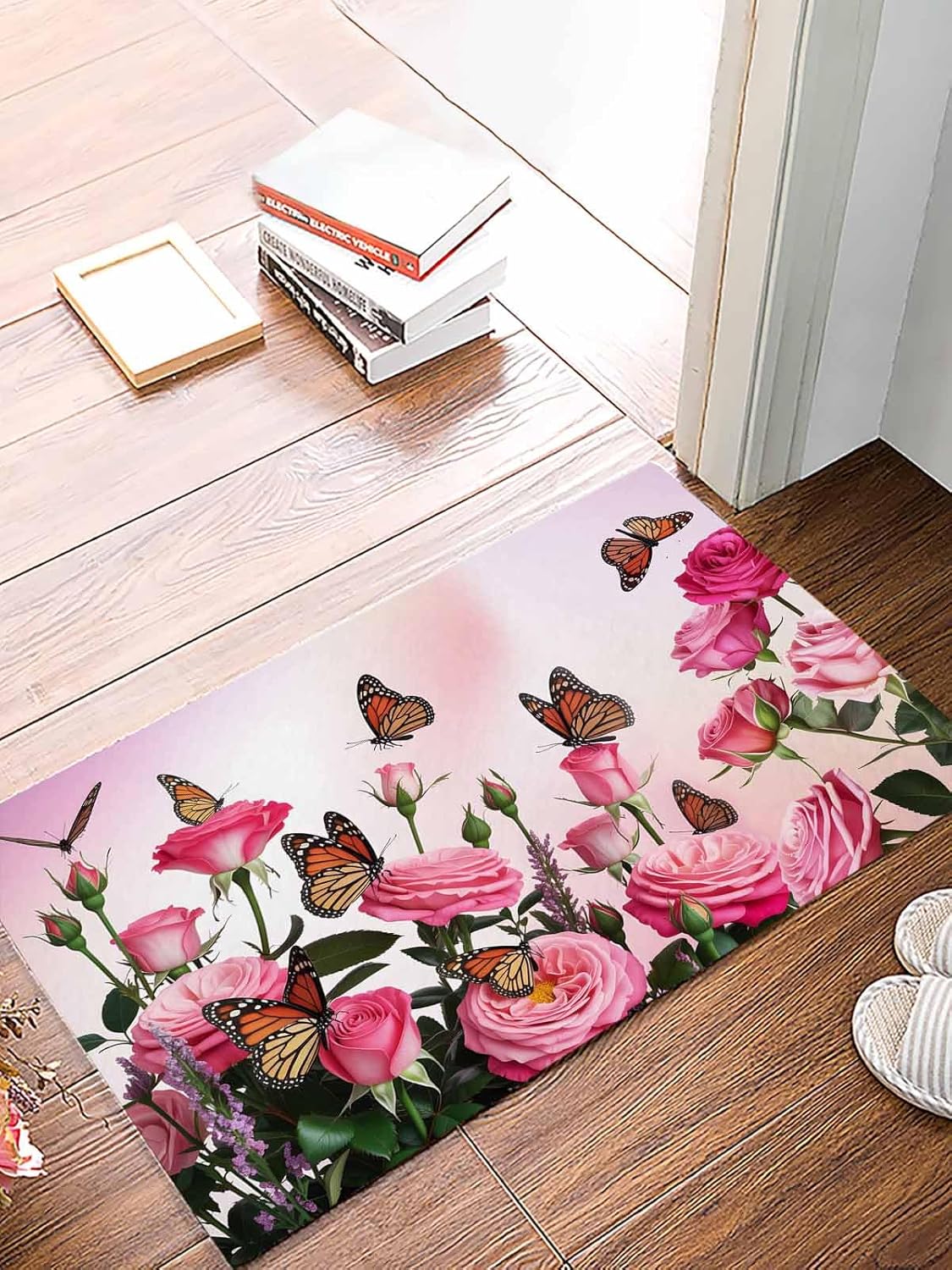 Front Door Mat 18"x30" Welcome Mats Microfiber Floor Mat Rubber Backing Non Slip Shoes Scraper Washable Indoor Outdoor Doormat for Entryway (Spring Pink Butterflies and Romantic Roses)