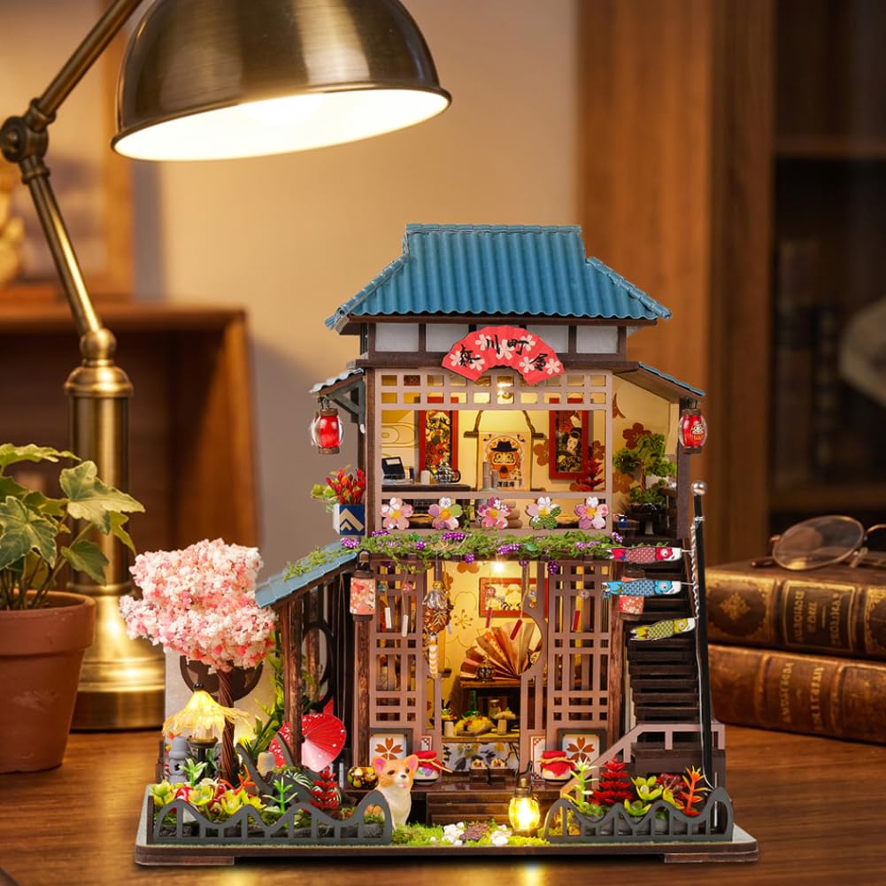 Casa delle bambole fai da te in miniatura, modello puzzle da giardino in legno, villa giapponese a due piani con mobili e luce LED, compleanno creativo