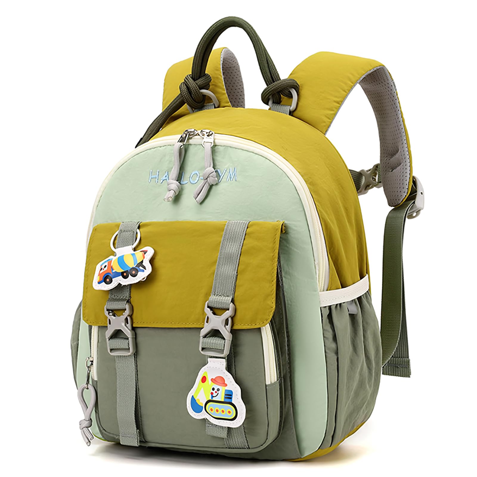 PROTAURI Mochila Infantil con Correa Pectoral Reflectante, Mochila Guardería Niño Ligera e Impermeable, Mochila Bebé Guardería con Motivo 3D Excavadora para 2-5 Años, 9.6L, Verde