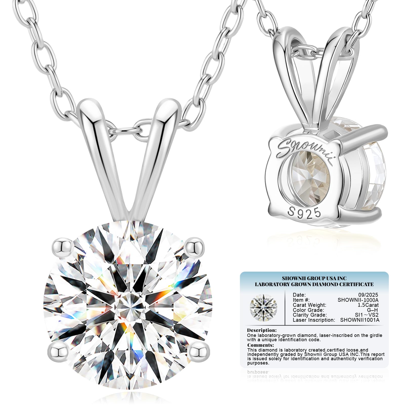 shownii 1.5CT LAB GROWN Diamond Solitaire Pendant Necklace for Women