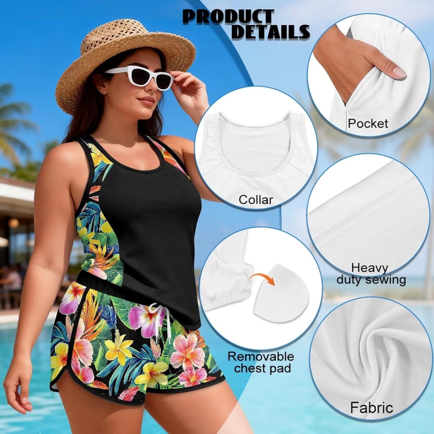 Women's Sporty Tankini Swimwear with Pockets Sleeveless Two Piece Bathing Suit Stretchy Swim Shorts Set Size S-6XL