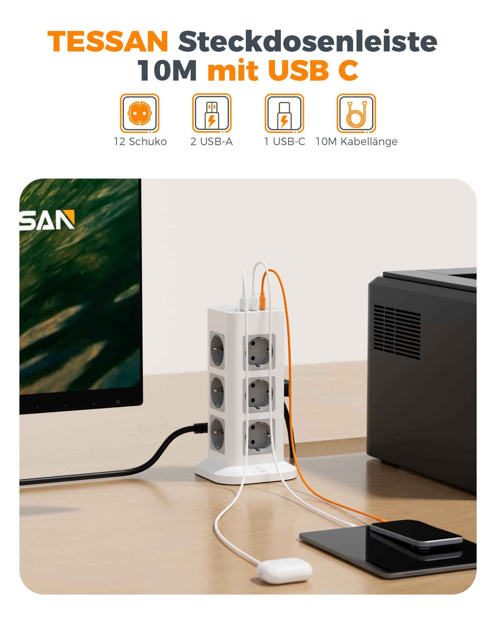 TESSAN Mehrfachsteckdose mit USB C, 12 Fach, Verlängerungskabel 10 Meter | 1 USB C und 2 USB A, Steckerleiste Überspannungsschutz, Verlängerungskabel 10M, 3600W Verteilersteckdose für Zuhause, Grau