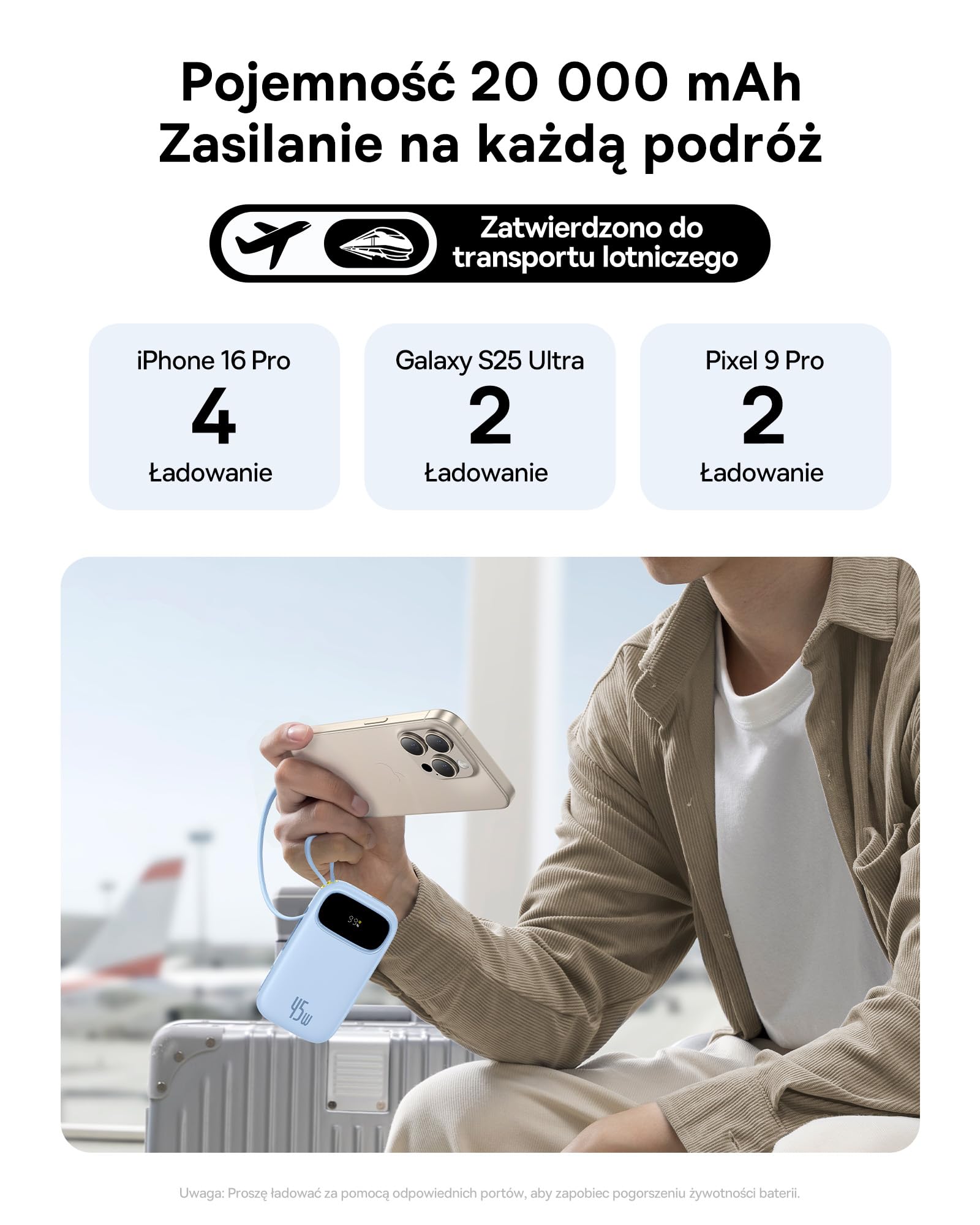 Baseus Powerbank 20 000 mAh 45 W z wbudowanym kablem USB-C, QPow3 Power Bank PD3.0 QC4.0, zewnętrzne akumulatory do telefonów komórkowych, 3 USB-C, 1 USB-A, przenośna ładowarka do iPhone 16/15/14 Pro