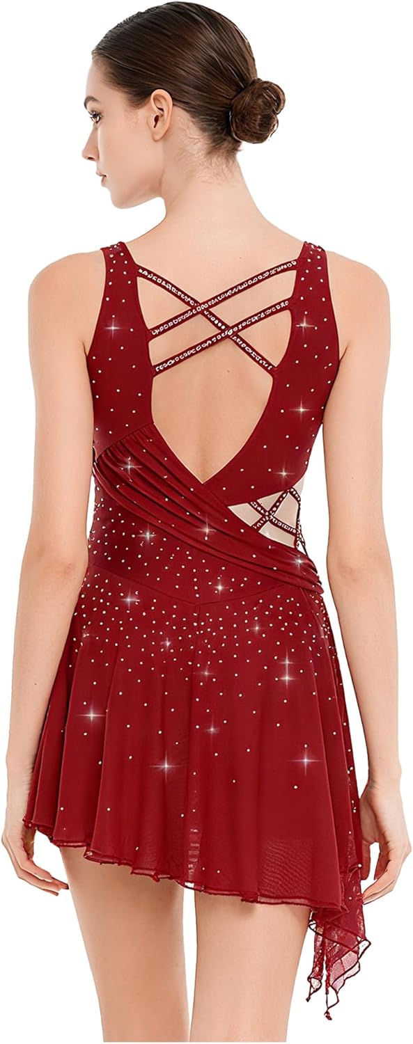 Hedmy Womens Rhinestone Shiny Figure Skating Dress Lyrical Dance Flowy Leotard Dress Ballet Dancewear